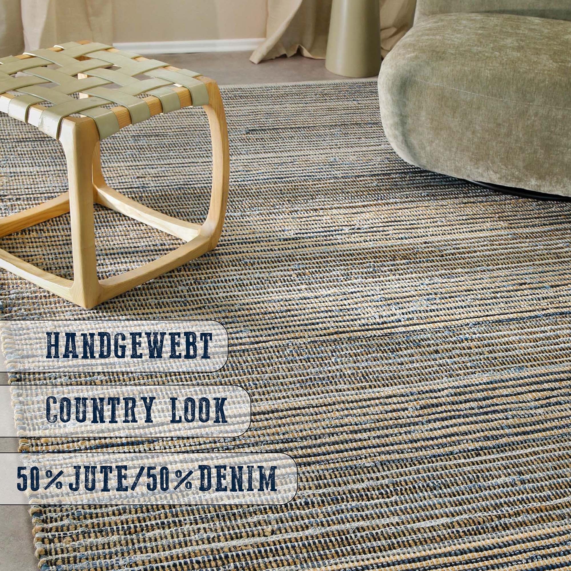 Wecon home Tapis »Denim Feels« Rectangulaire 6 mm Höhe handgewebt, robust, pflegeleicht, skandi, Natur, Jute, Wohnzimmer