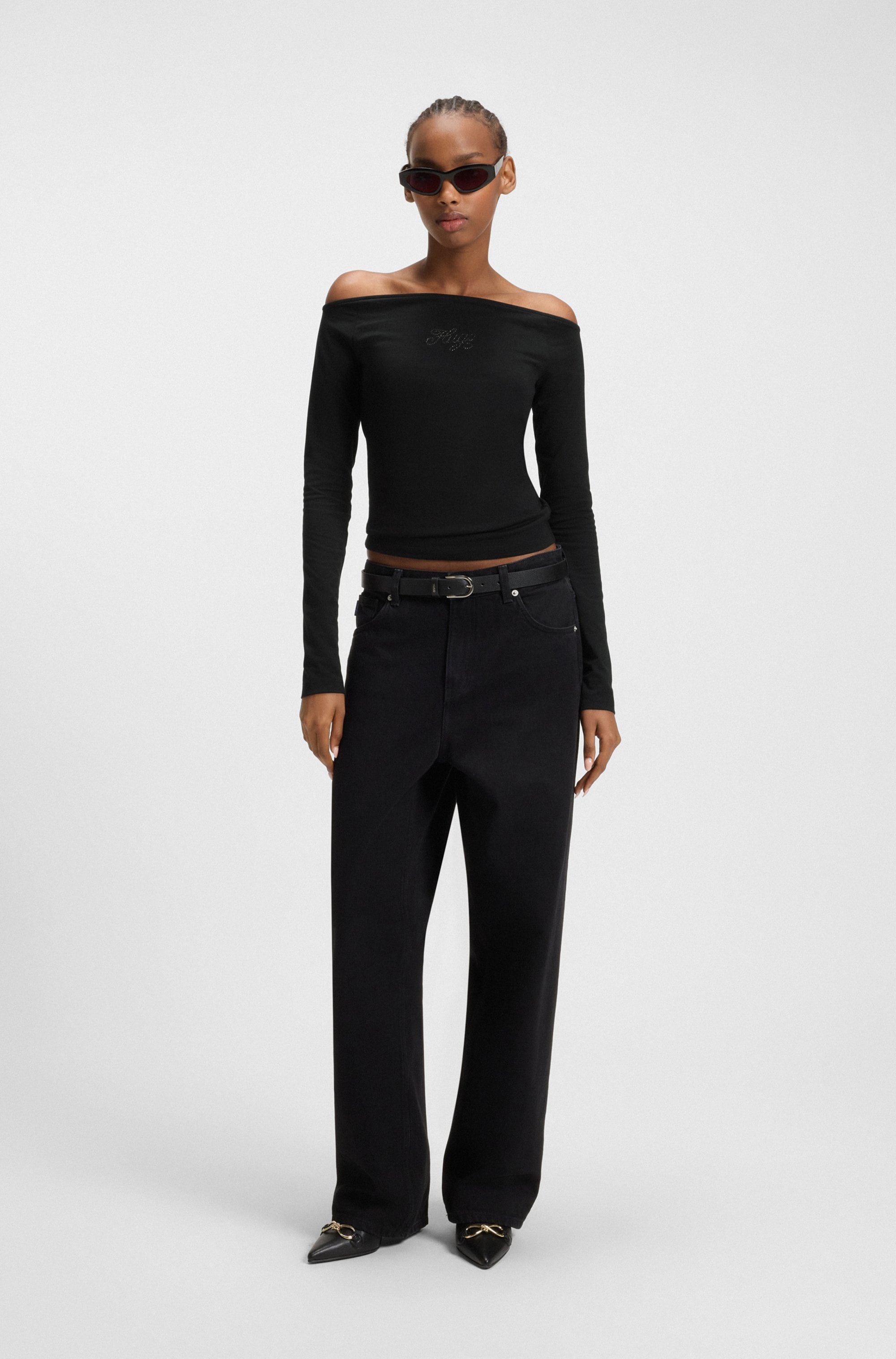 HUGO Blue Langarmshirt »Dolder« schulterfrei, mit Strasssteinbesatz vorn