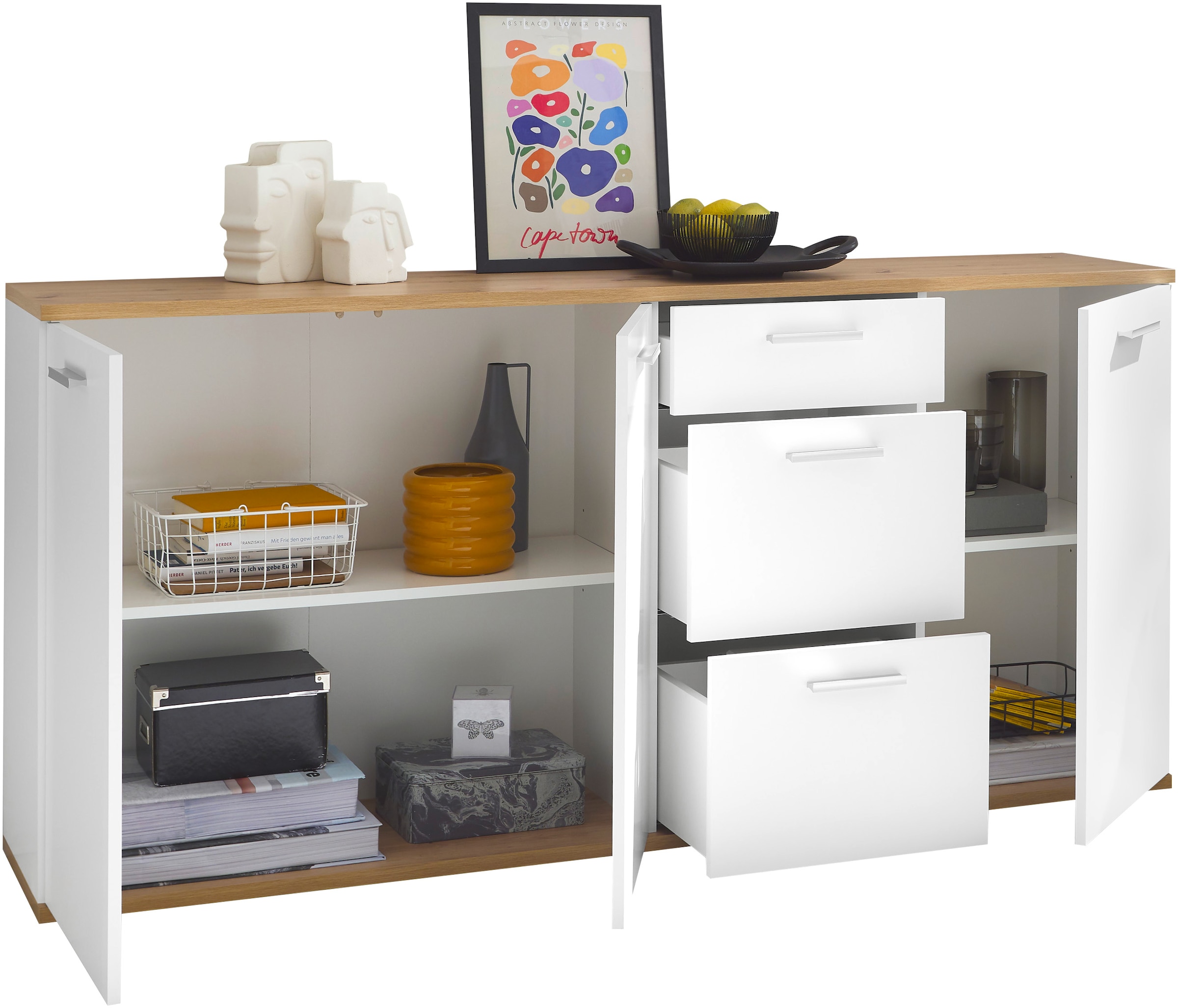 HBZ Kommode »BC1035 weiss matt, BxHxT 180x86x38 cm« Sideboard mit 3 Türen, 3 Schubkästen, 2 Einlegeböden