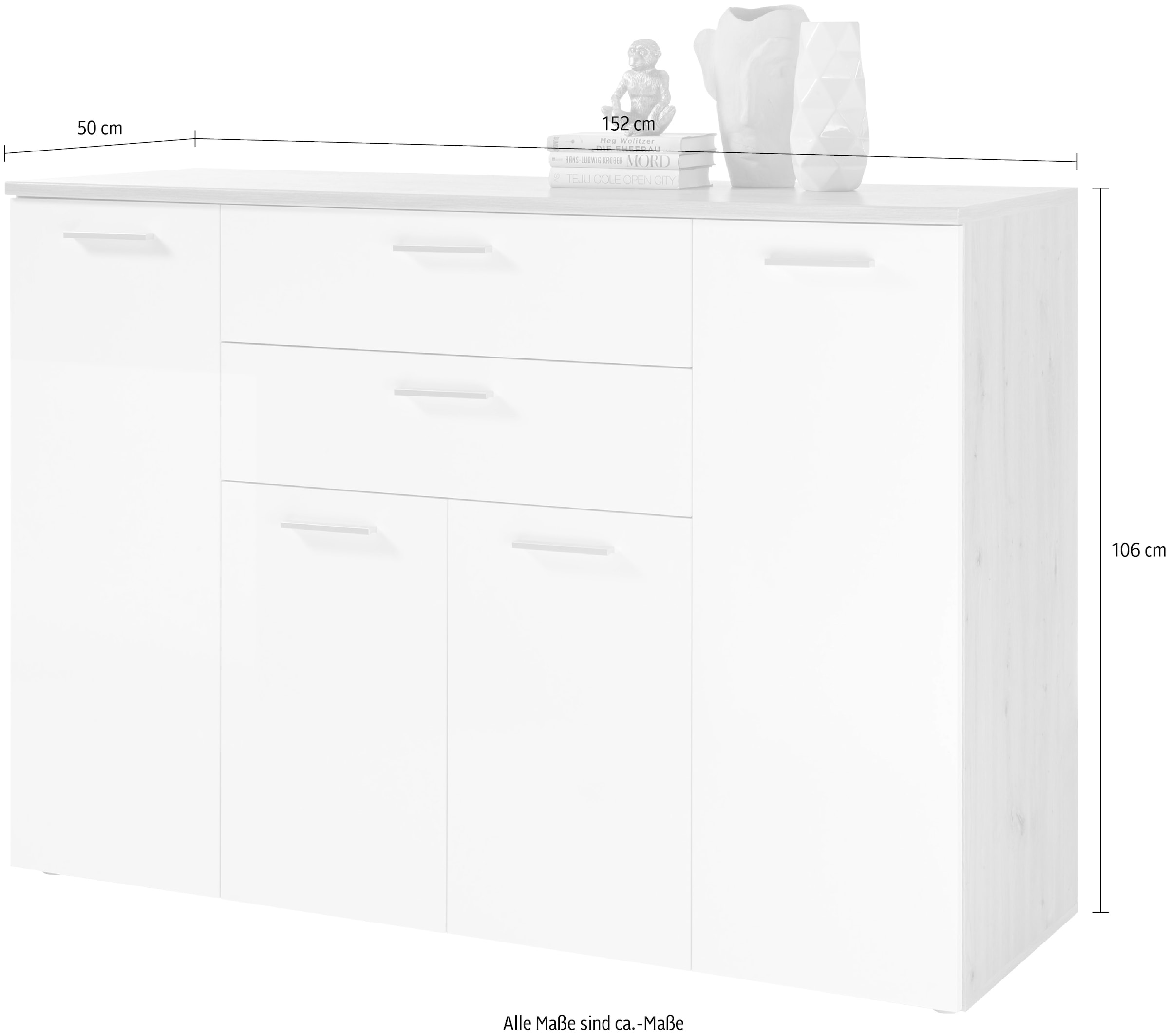 HBZ Kommode »Pablo weiss Glanz, BxHxT 152x106x50 cm« Kommode mit 4 Türen, 2 Schubkästen, 5 Einlegeböden verstellbar