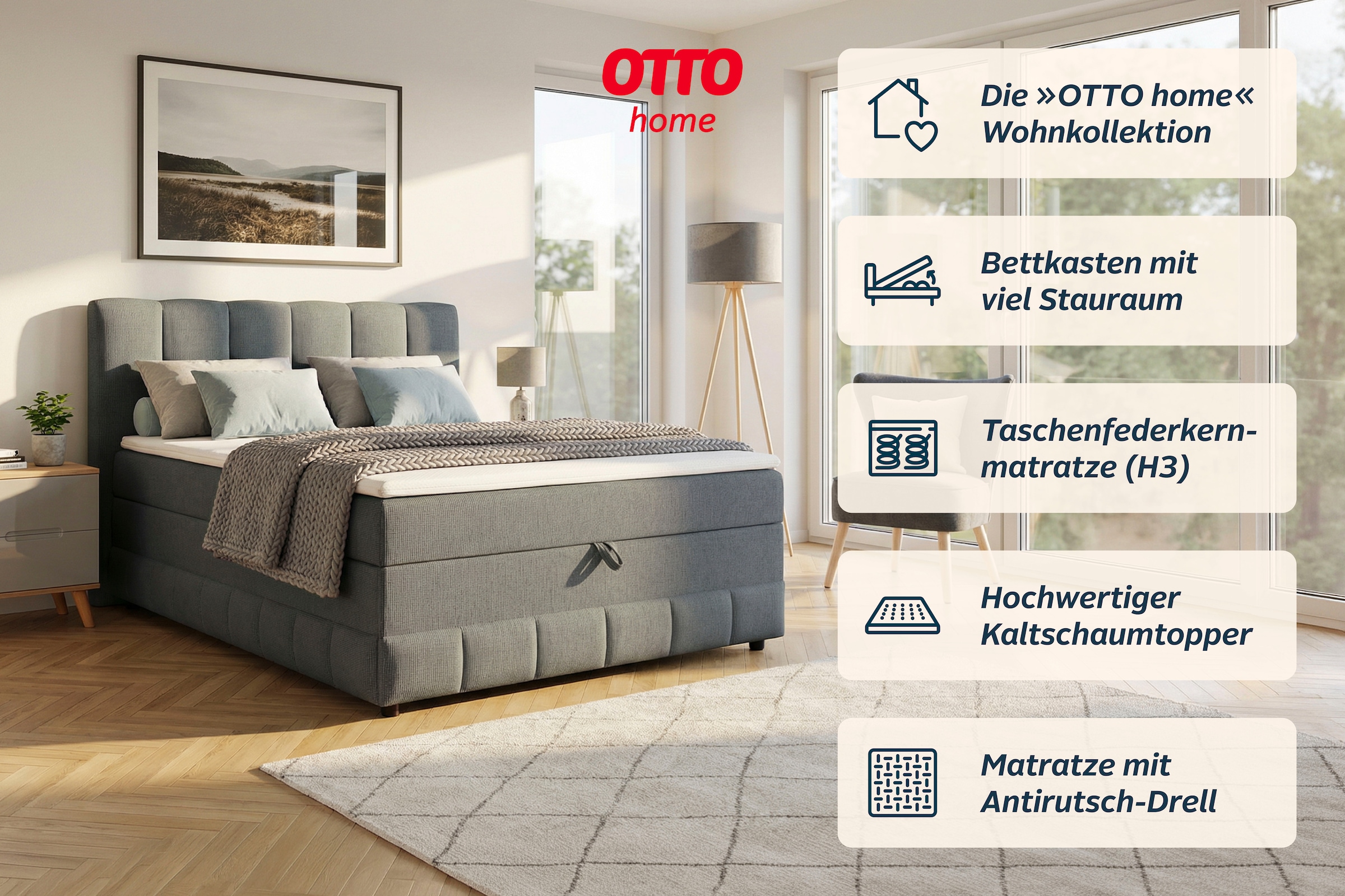 GOODproduct Boxbett »LIKELY, Polsterbett mit Bettkasten, inkl. Taschenfederkernmatratze H3« mit Kaltschaumtopper, Strukturstoff-Bezug, 140x200 & 180x200 cm