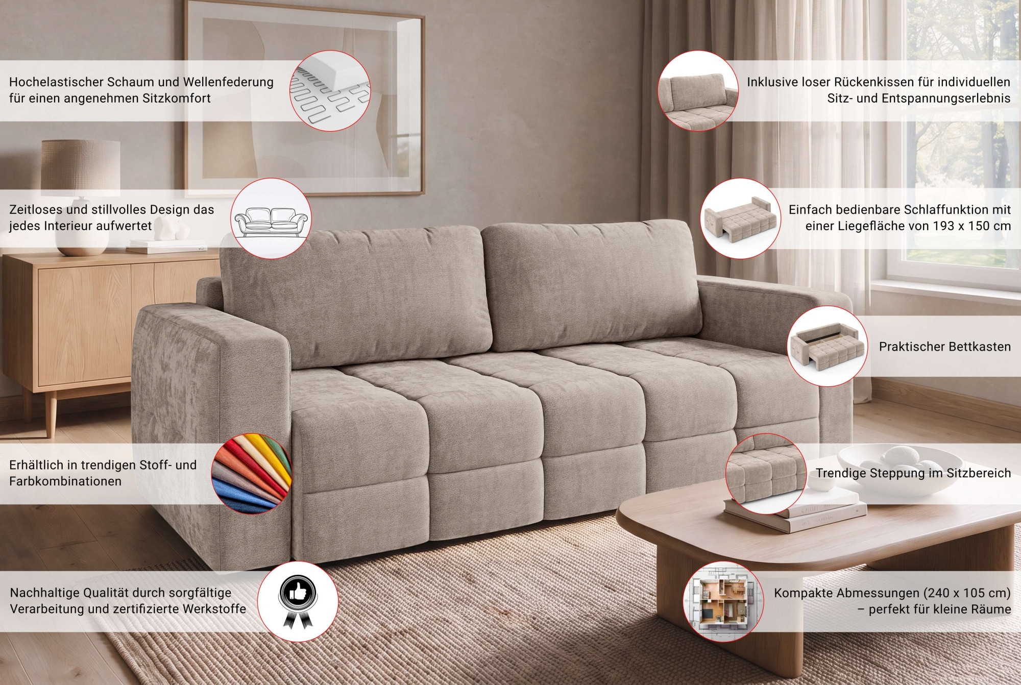 GOODproduct 3-places »JONNO Schlafsofa mit Bettkasten, komfortables Sitzgefühl, Breite 242cm« Liegefläche 150x193cm, inklusive Rückenkissen, moderne Steppung