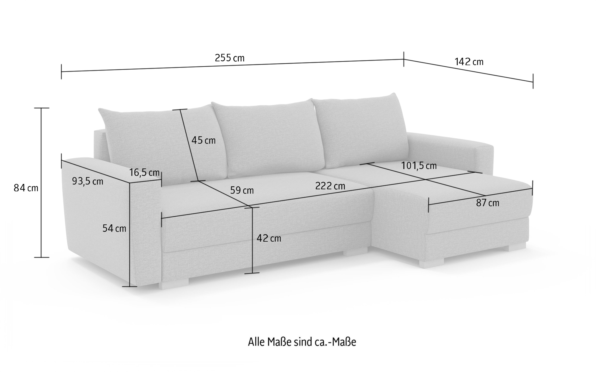 INOSIGN Canapé d'angle »MAGHERA universell Schlafsofa mit Bettkasten, Masse B/T/H: 255/142/84cm« L-Form mit Recamiere rechts oder links montierbar, hoher Sitzkomfort