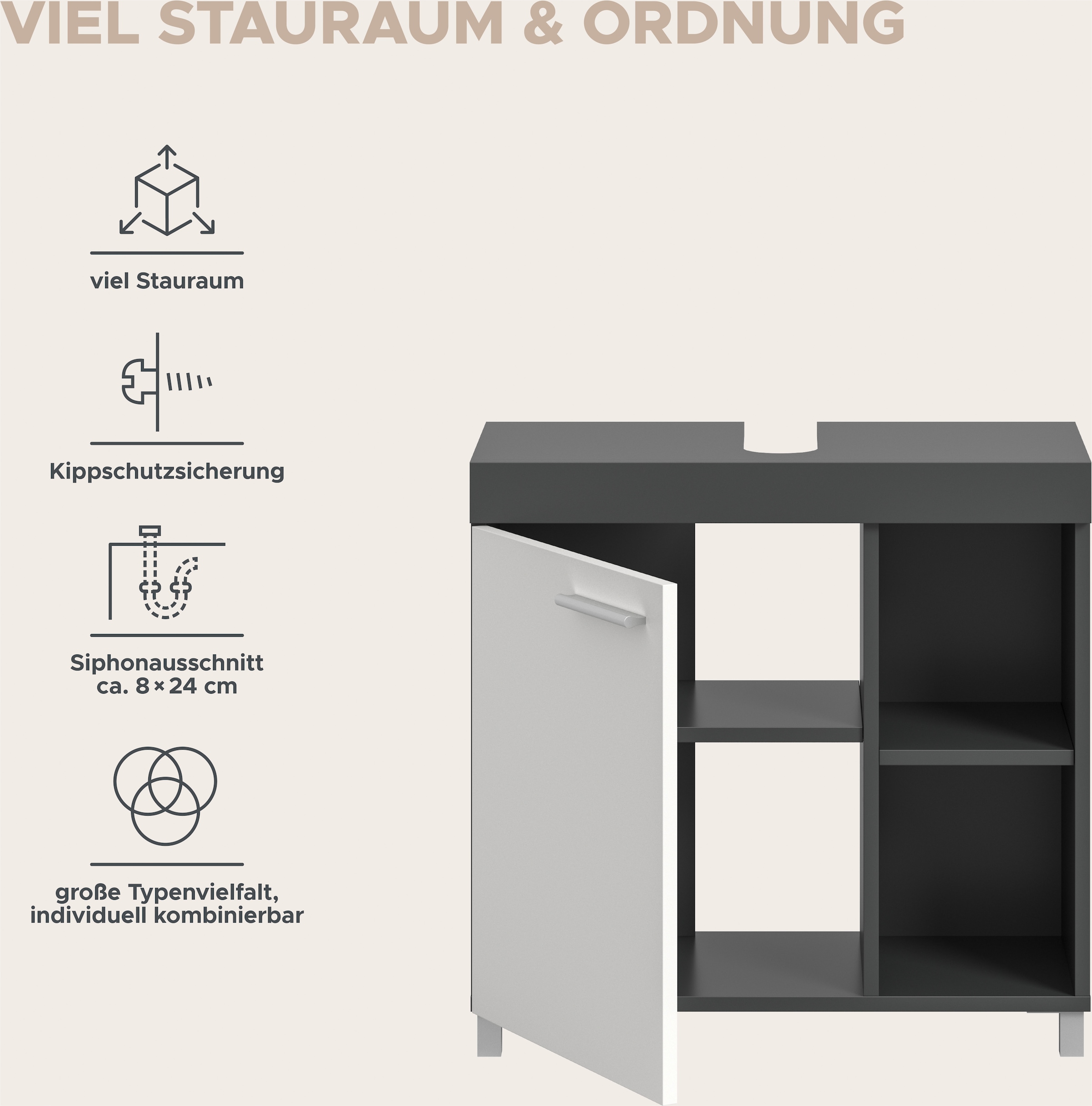 welltime Armoire sous lavabo »HANO,  Badezimmer, WBU, Waschtisch,  Kommode, Unterschrank« in 2 verschiedenen Farben und 2 verschiedenen Ausstattungen erhältlich,  1 Tür, 2 höhenverstellbare E-Böden, 4 Fächer, mit Siphonausschnitt