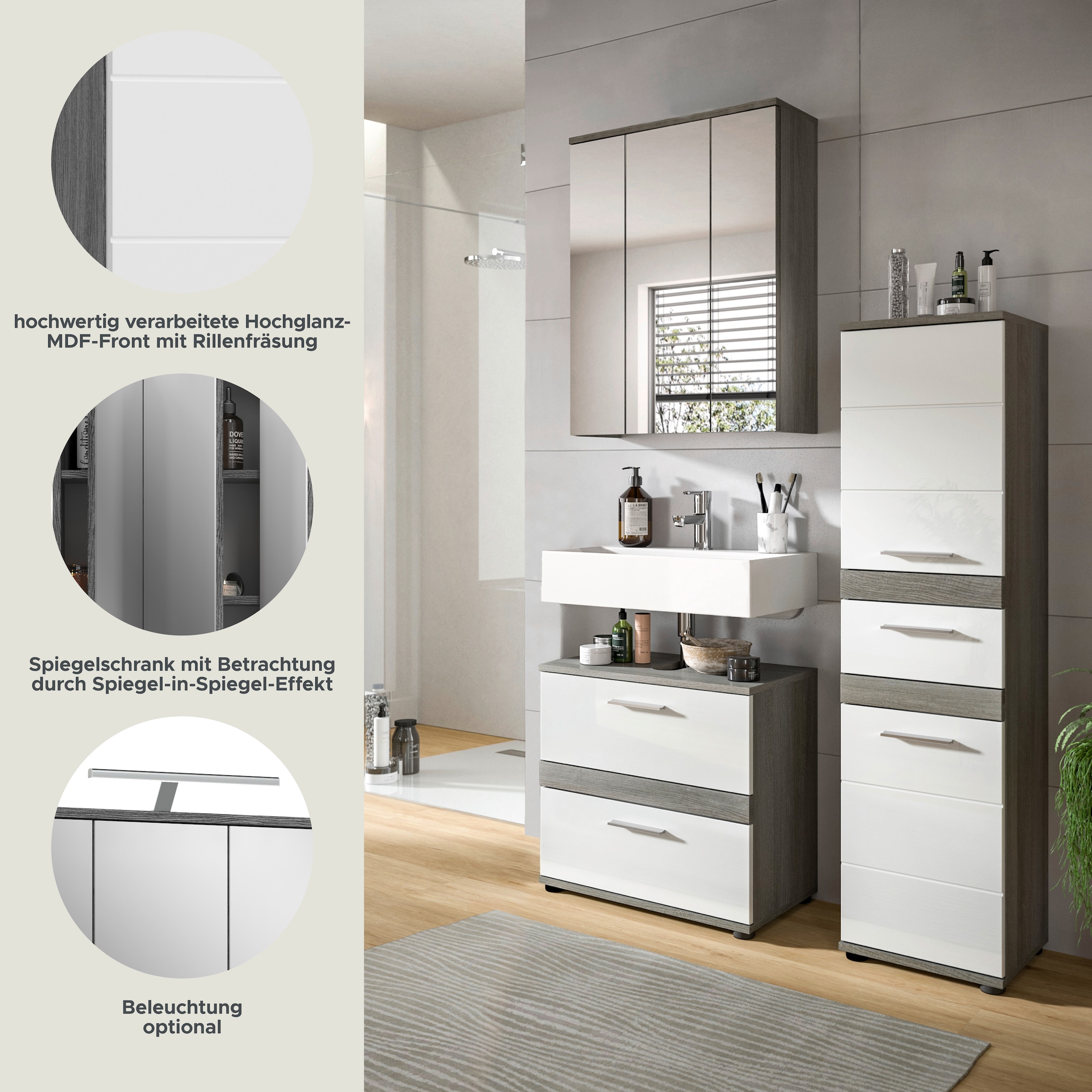 welltime Badmöbel-Set »LUCCA, 3-teilig, TOPSELLER!, hochwertige MDF Front« Set, best. aus: Waschbeckenunterschrank, Spiegelschrank, Hochschrank, 3 Stk. tlg.