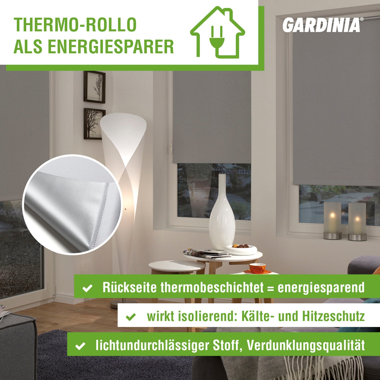GARDINIA Store à tirage latéral »Uni-Rollo - Thermo Energiesparend« verdunkelnd mit Bohren freihängend Abschlussprofil in weiss