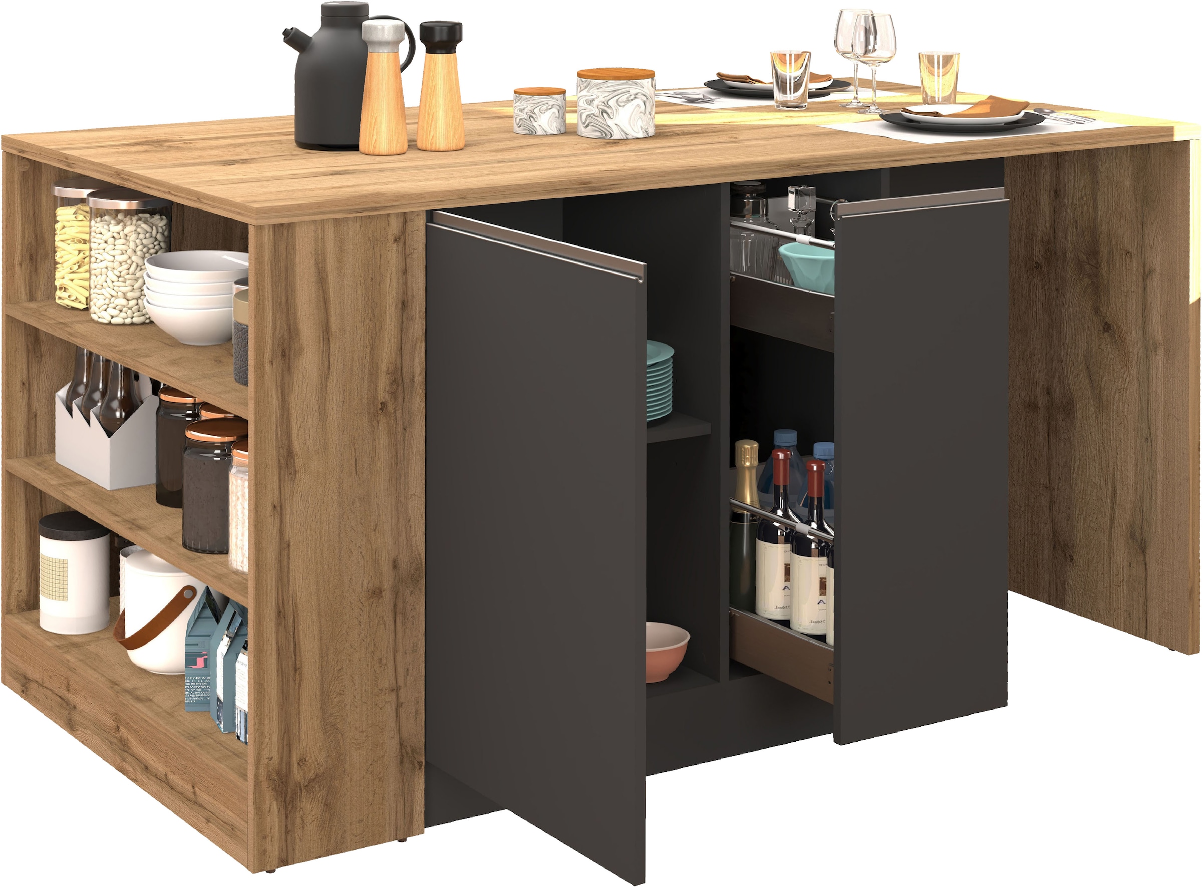 KOCHSTATION Ilot de cuisine »KS-Sole, Kochinsel, Küchenarbeitsblock, Arbeitsinsel, Made in Italy« Breite 167,5 cm, 2 Apothekerauszüge, 2 Essplätze, 1 offenes Regal