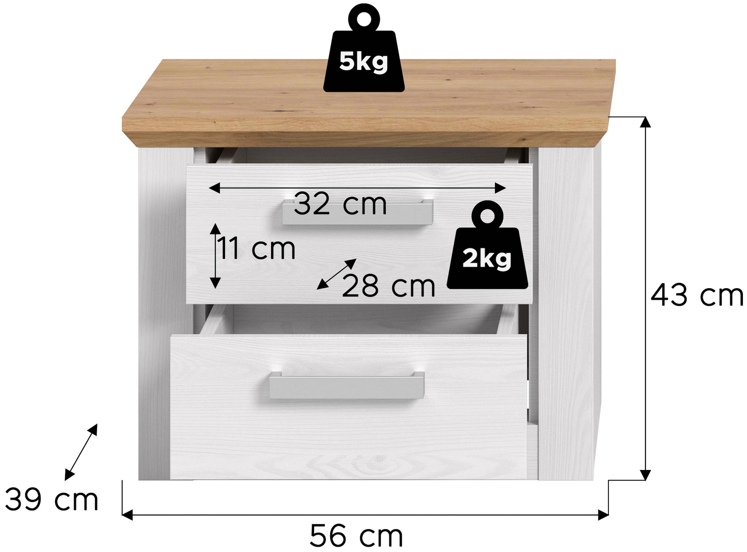 Home affaire Nachtschrank »COSENZA,TOPSELLER!, Breite 54cm, in Landhausoptik« inklusive 2 Schubkästen mit Vollauszug,  Nachtkommode, Nachtische, Kommode, Nako, Beistelltisch
