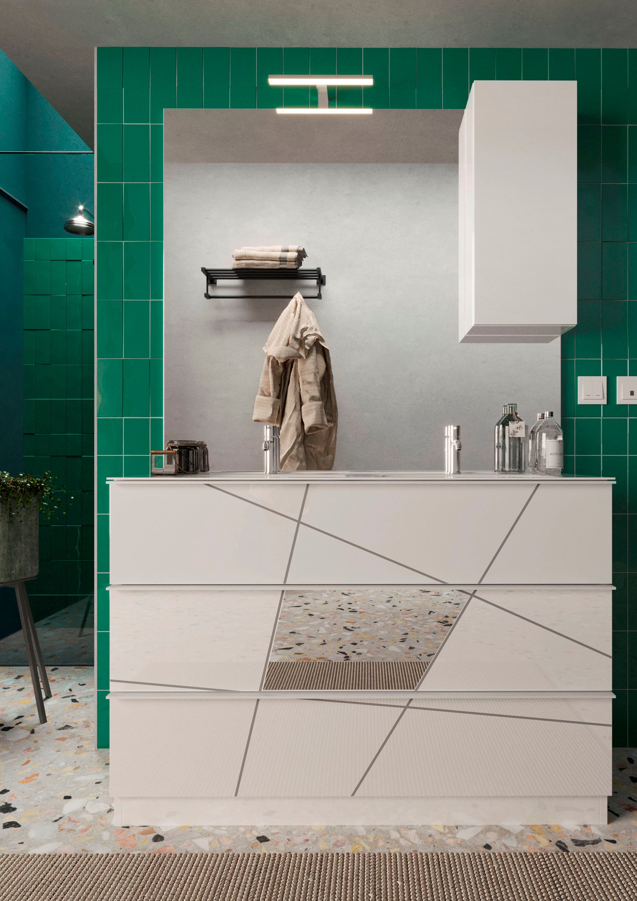 welltime Waschtisch »"Vittoria", Doppelwaschtisch mit 3 Schubkästen, Breite 120 cm« inkl. Keramik-Einsatzbecken, Soft Close, Front m. Siebdruck u. Spiegel