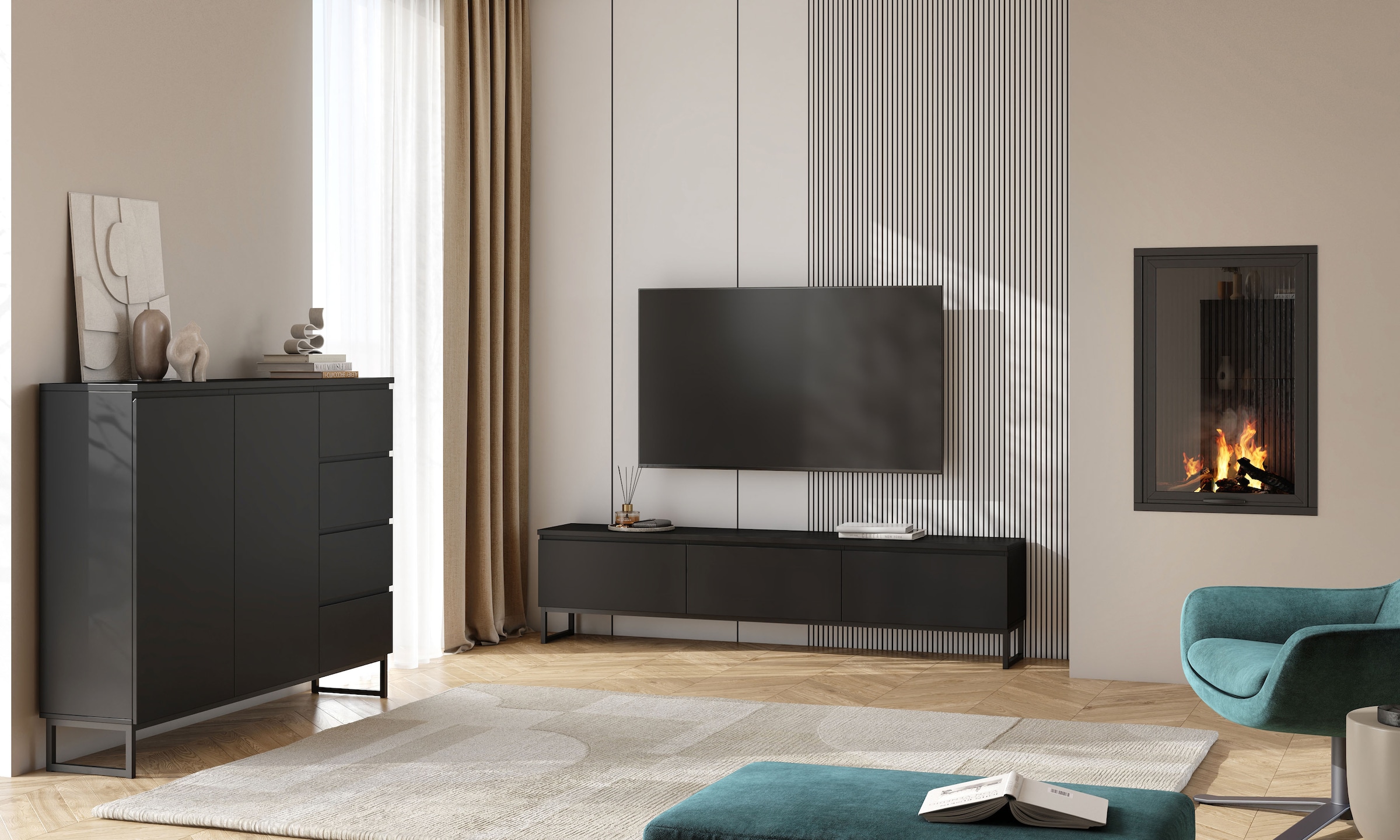 GOODproduct Lowboard »Modo II, Breite 200 cm, modernes griffloses Lowboard 3 Klappen« TV-Kommode mit viel Stauraum, Metallkufen