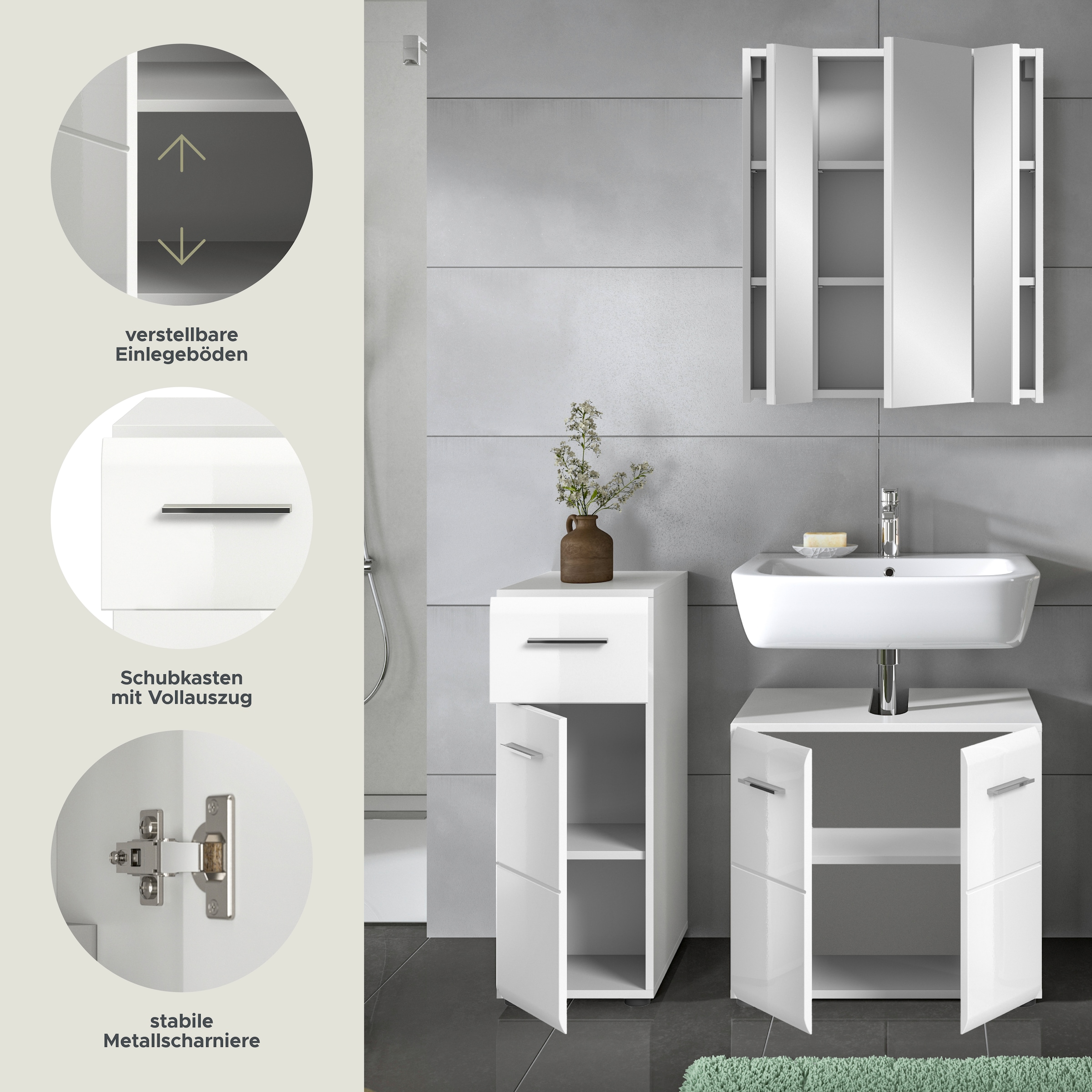 INOSIGN Badmöbel-Set »FLORENZ, TOPSELLER!, 3-teilige Badkombination, hochwertige MDF-Front« best. aus: 1 Unterschrank, 1 Waschbeckenunterschrank, 1 Spiegelschrank, 