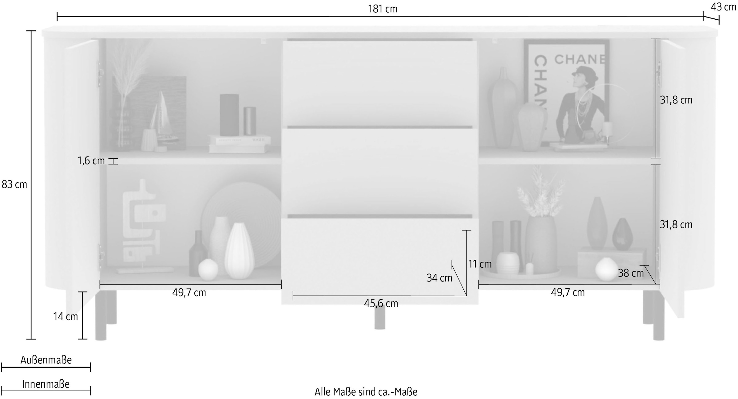 GOODproduct Sideboard »Lido, 181 cm breit, 2 Türen, 3 Schubkästen, Kommode, Stauraumschrank« Formgebogenes MDF, Stirnseiten mit Rundung, Push-to-open, Metallfüsse