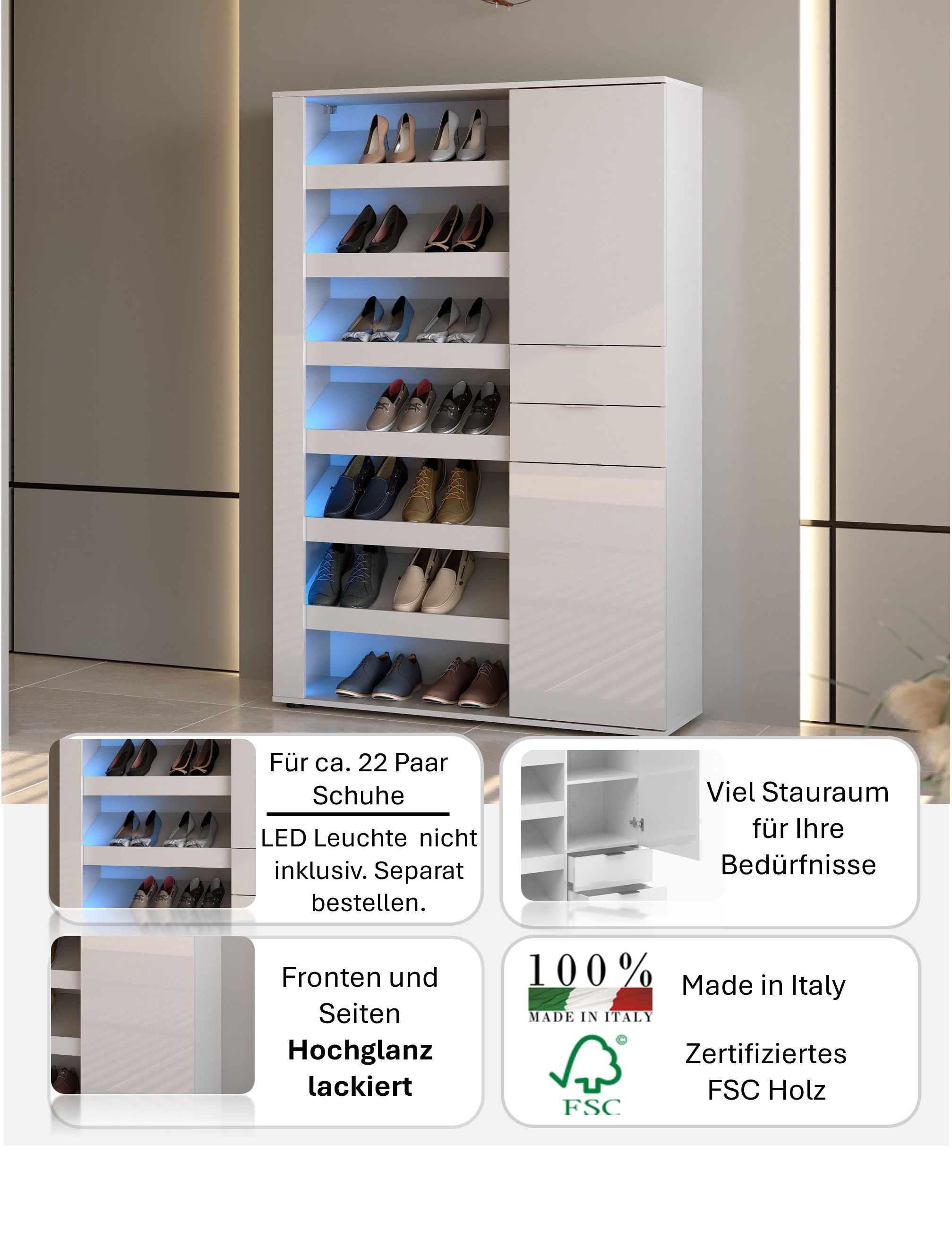 Home affaire Schuhschrank »BOOST, Schuhschrank,Schuhregal, Breite 120 cm, LED optional bestellbar« 1 Stk. tlg. Hochglanz lackiert mit 7 offenen Fächern, 2 Türen und 2 Schubkästen