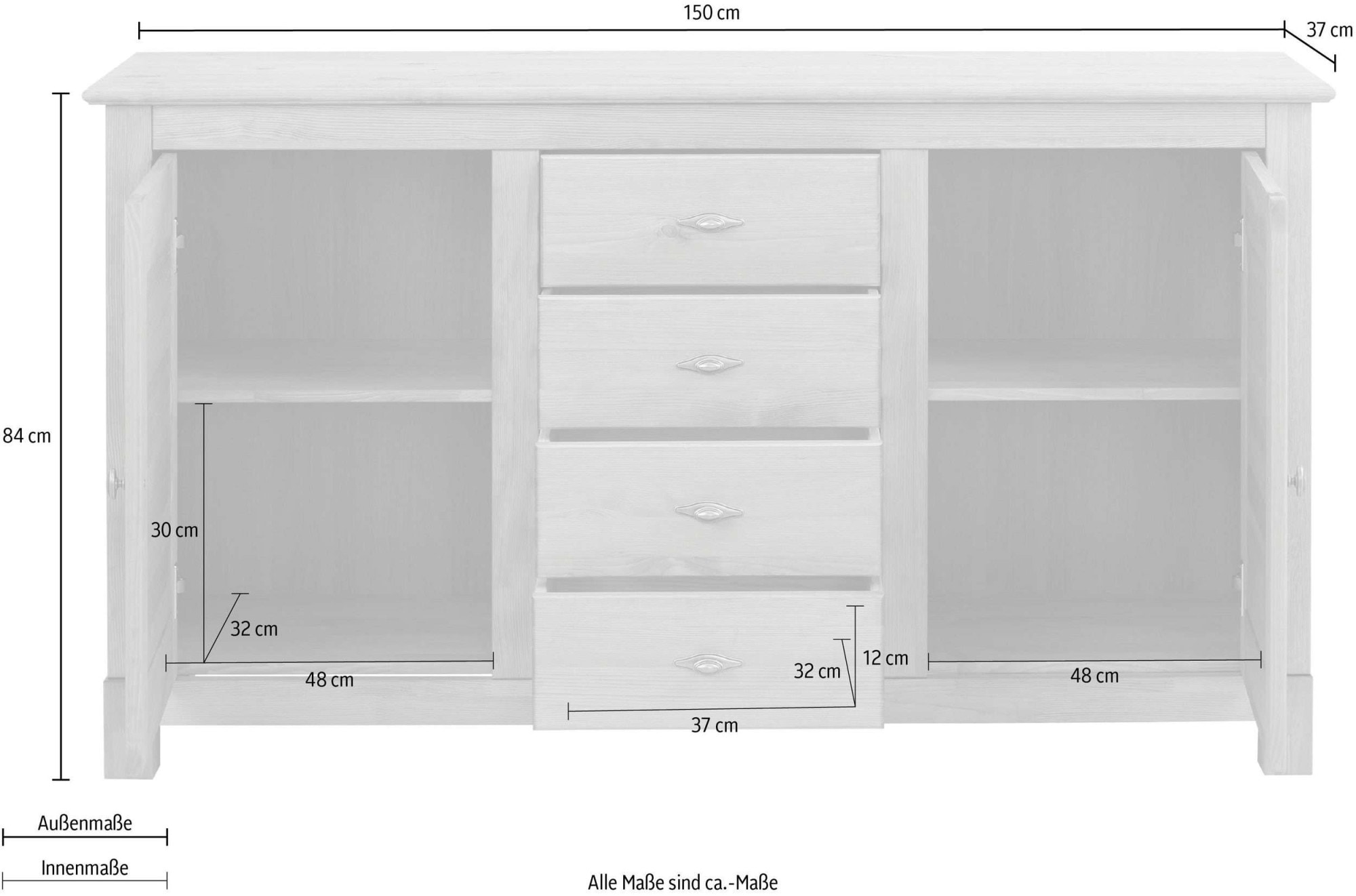 GOODproduct Sideboard »Rauna, Kommode, Landhausstil« B/T/H: 150/37/84 cm,  Kommode, FSC®-zertifiziertes Massivholz, Breite 150 cm