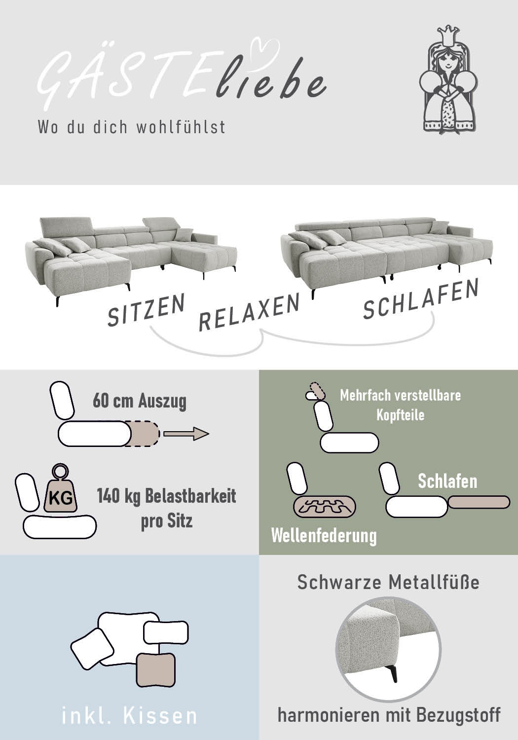 Jockenhöfer Gruppe Wohnlandschaft »Ultima U-Form, B: 363 cm, 60 cm elektrische Sitztiefenverstellung« USB-Ports, Kopfstützen verstellbar, Zierkissen, bis 140 kg/Sitz