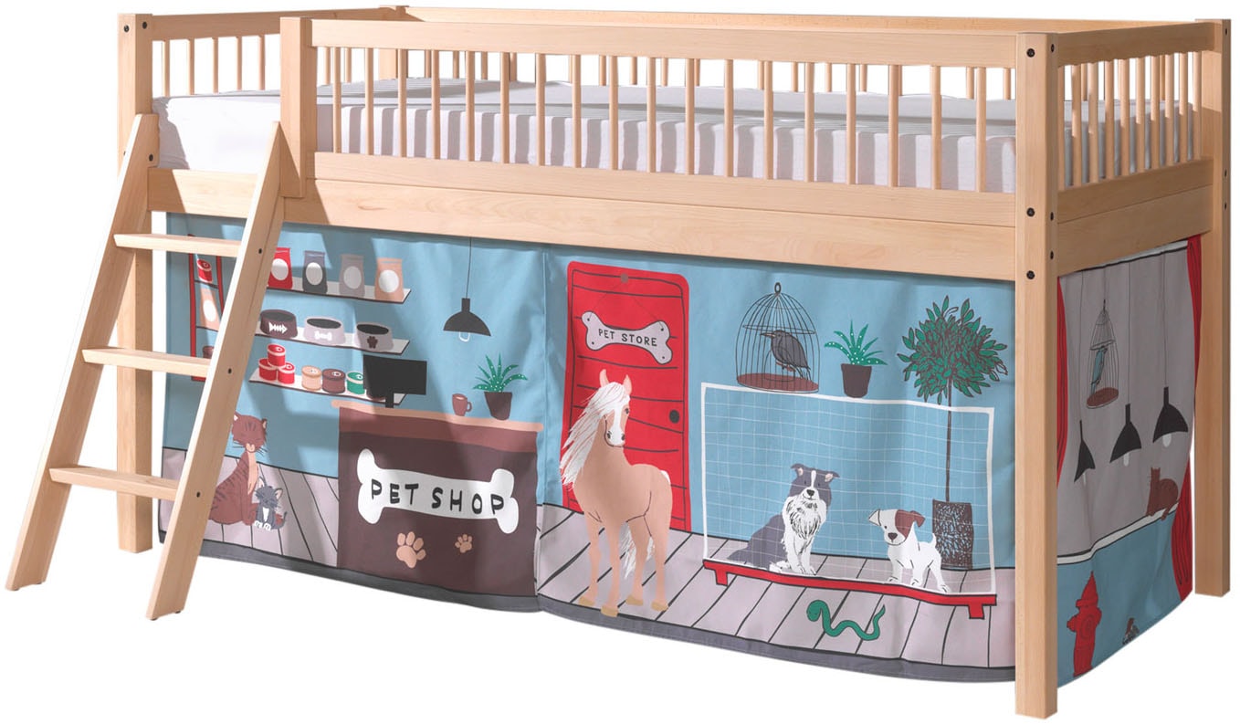 Vipack Lit de jeu »Forrest, Absturzschutz mit Sprossen-Optik, Pfostenstärken ca. 50x50mm« Hêtre laqué naturel, construction stable et de qualité, avec sommier à lattes,  90/200 cm, incl. set de rideaux 3 pièces, aire de jeu sous le lit