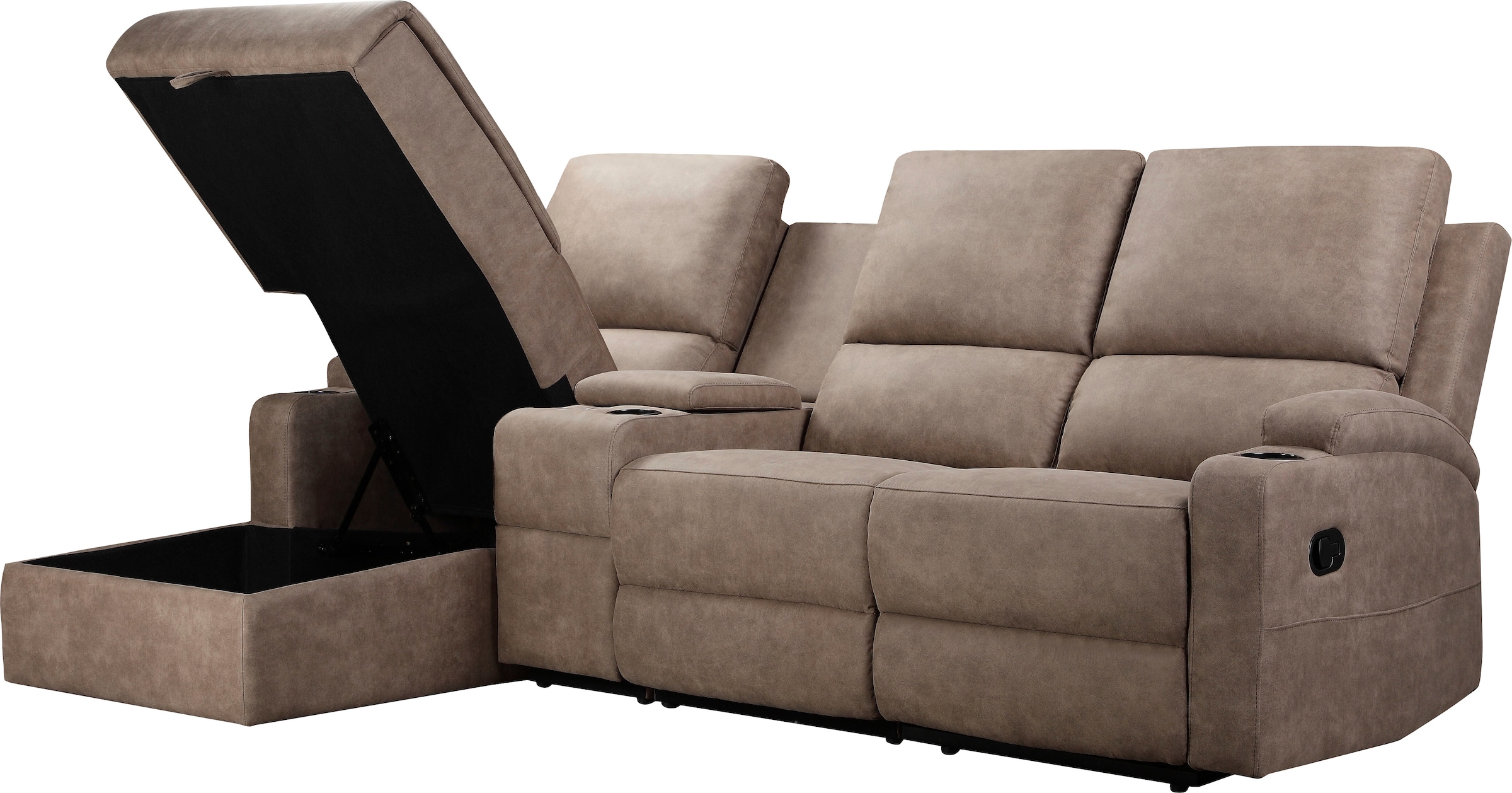 GOODproduct Canapé d'angle »NAPORI Microfaser, Multimediasofa, 3er Kinosessel XXL, L-Form« canapé cinéma avec fonction relaxation, porte-boissons, compartiment de rangement et coffre
