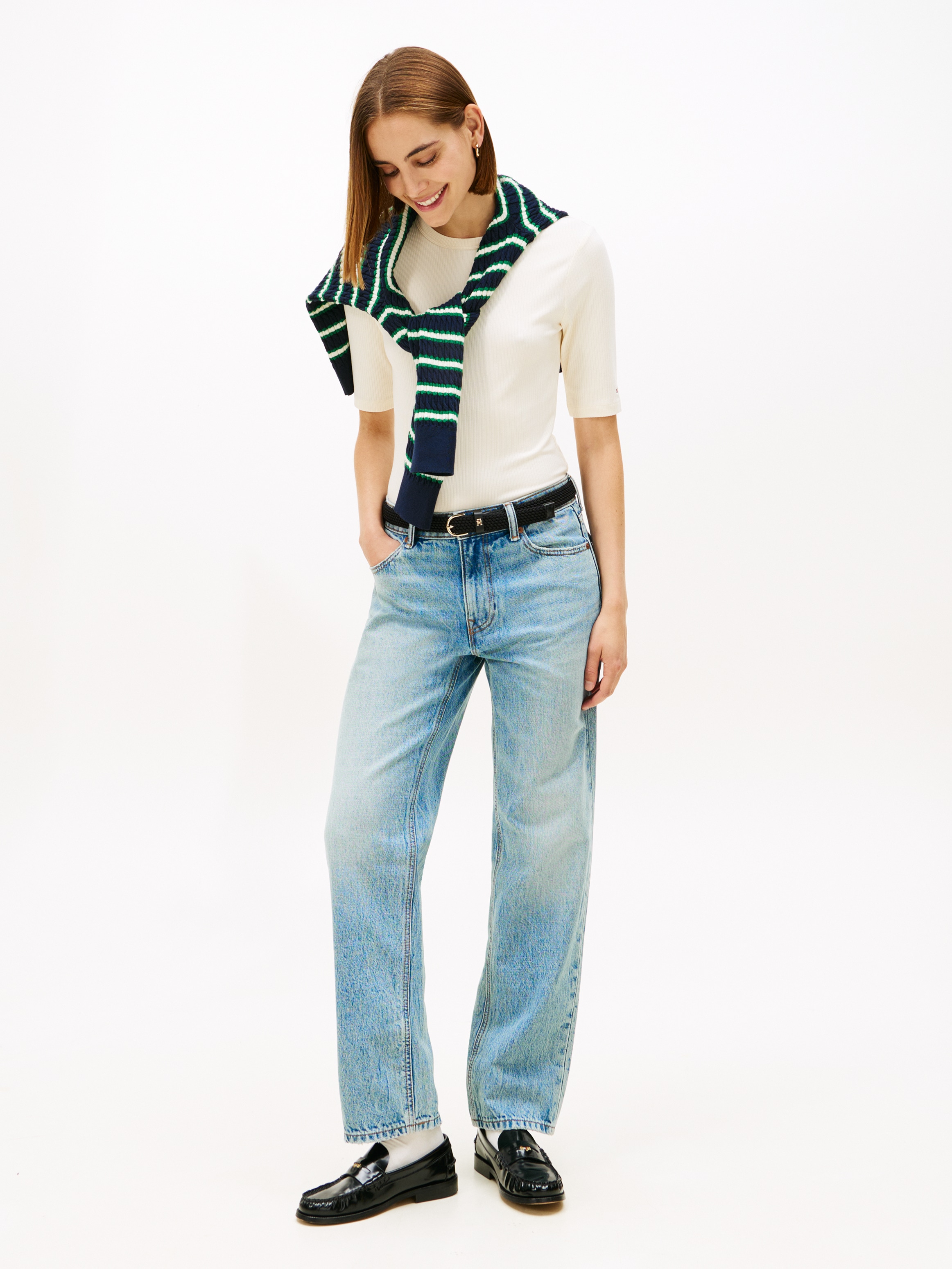 Tommy Hilfiger T-shirt à manches courtes »SLIM 5X2 RIB C-NK 1/2 SLV mit Rundhals und Rippstruktur« uni, décontracté, coupe slim, mélange viscose, col rond