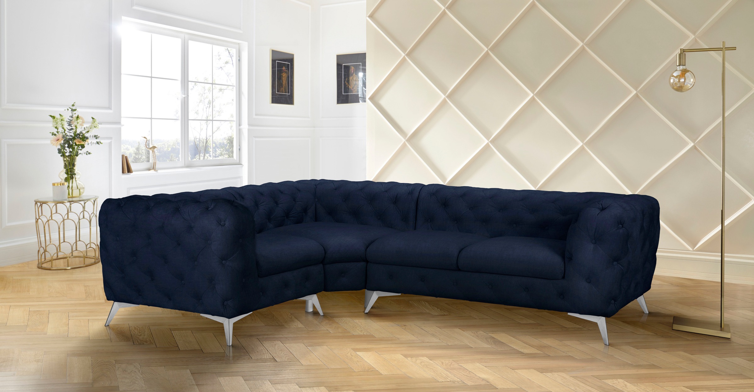 Home affaire Canapé Chesterfield »Ecksofa GLYNIS L-Form mit Wellenunterfederung, Masse B/T/H 264/204/75cm« aufwändige Knopfheftung, moderne Chesterfield Optik, Fussfarbe wählbar