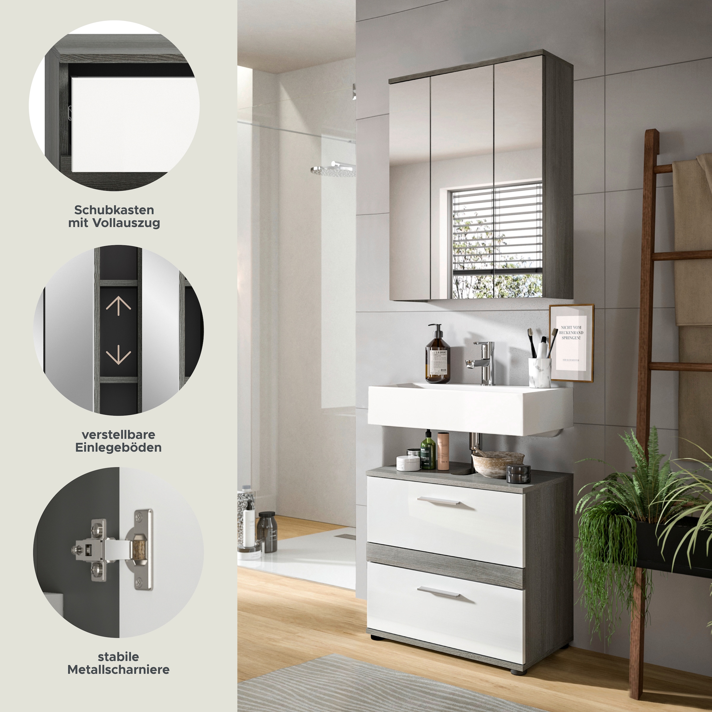 welltime Badmöbel-Set »Lucca, bestehend aus: 1x Waschbeckenunterschrank & 1x Spiegelschrank« Set, 2 Stk. tlg.