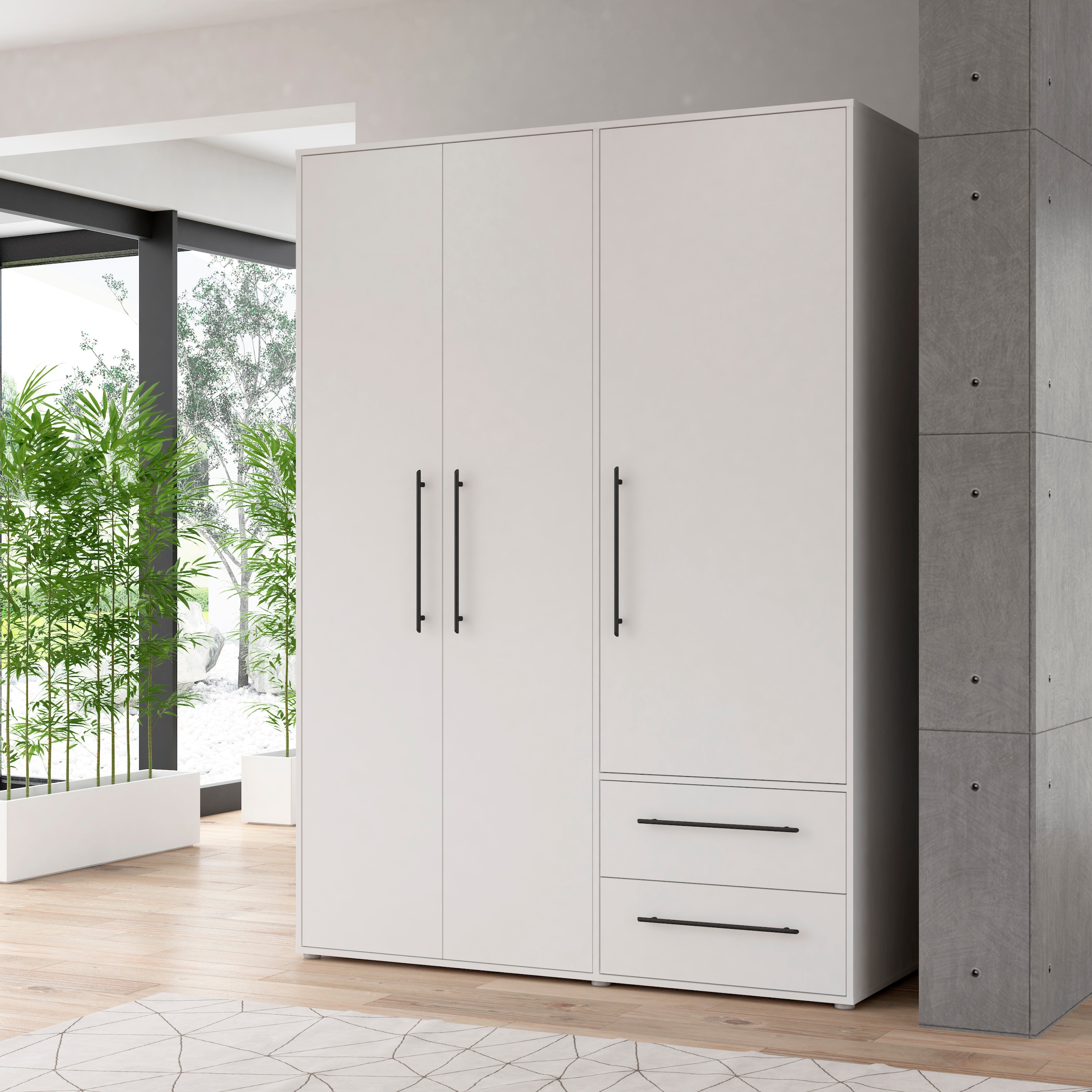 FORTE Armoires à vêtements »Mokkaris , Garderobe, zeitloses Design, 3 Türen, Made in Europe« L/H/P env. 144x200x59 cm,  Deux tiroirs, poignées barres noires, rangement, aussi en noir