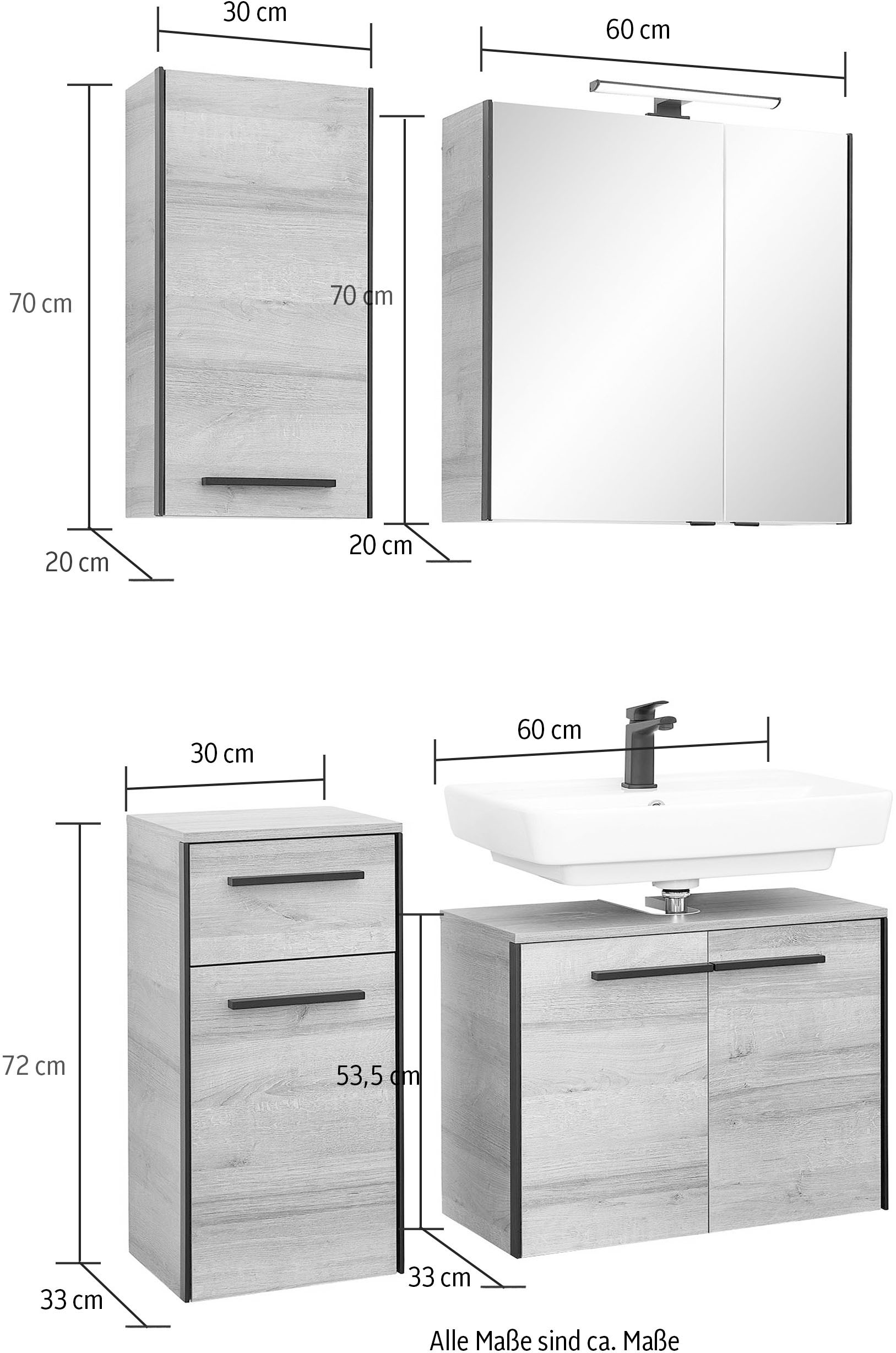 Saphir Ensemble de meubles de salle de bain »Quickset 395 4-teilig, Waschbeckenunterschrank mit LED-Spiegelschrank« 4 cuis tlg.