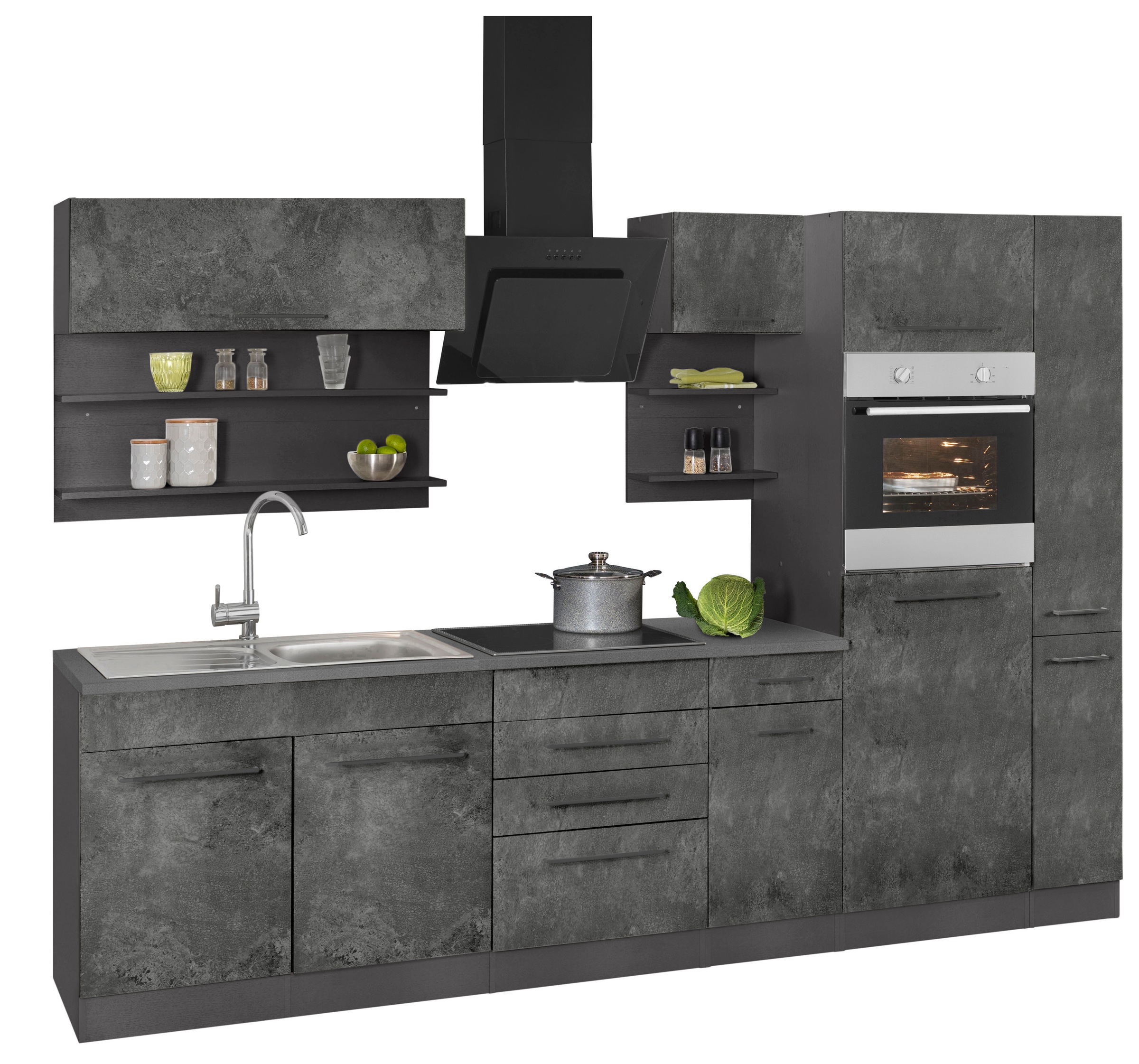 KOCHSTATION Küchenzeile »KS-Tulsa« ohne E-Geräte, Breite 300 cm, schwarze Metallgriffe, MDF Fronten