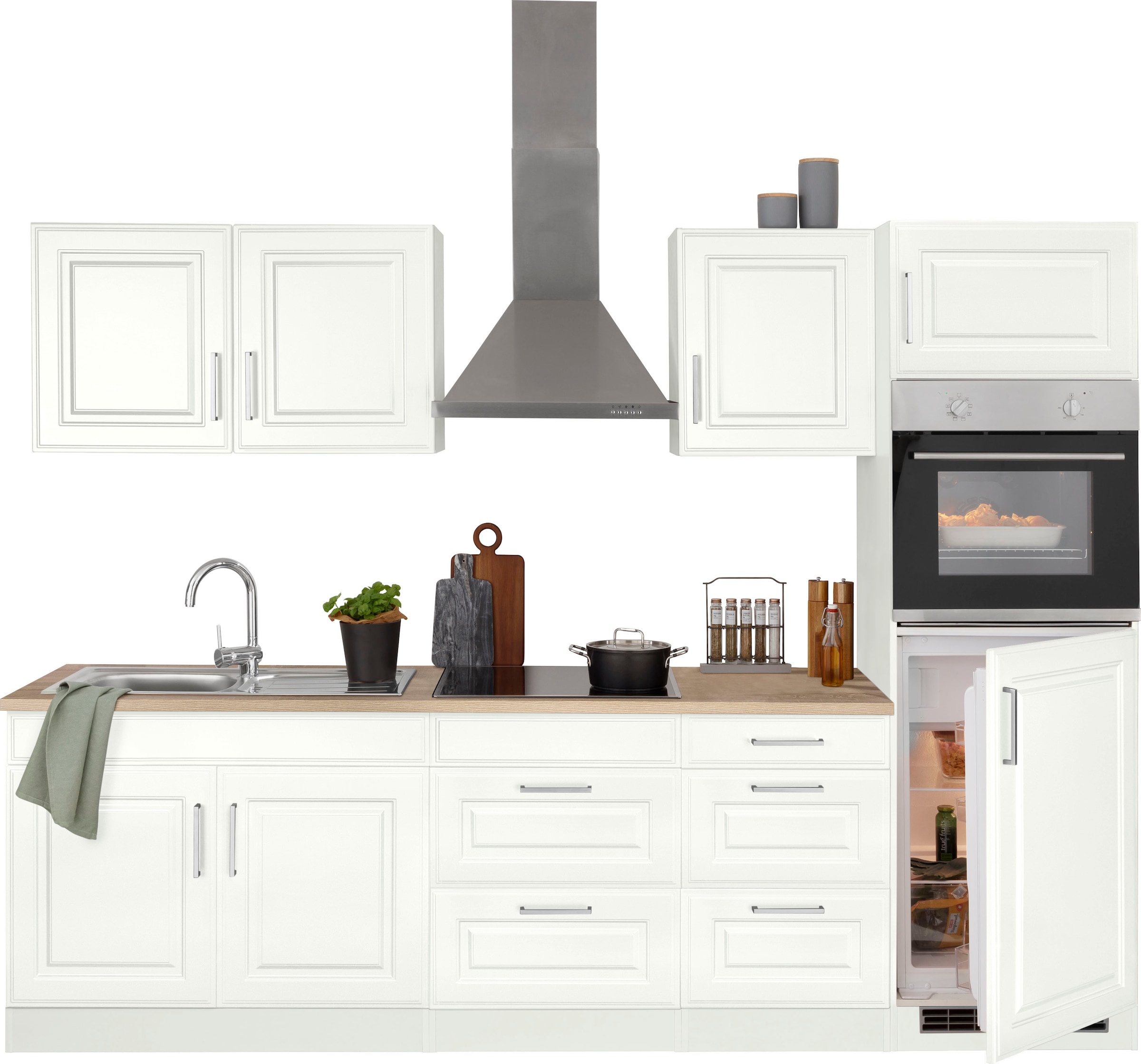 KOCHSTATION Kitchenette »KS-Stockholm – Küche mit hochwertiger und detailreicher Landhausfront« largeur 270 cm, avec appareils électroménagers en option, façades MDF