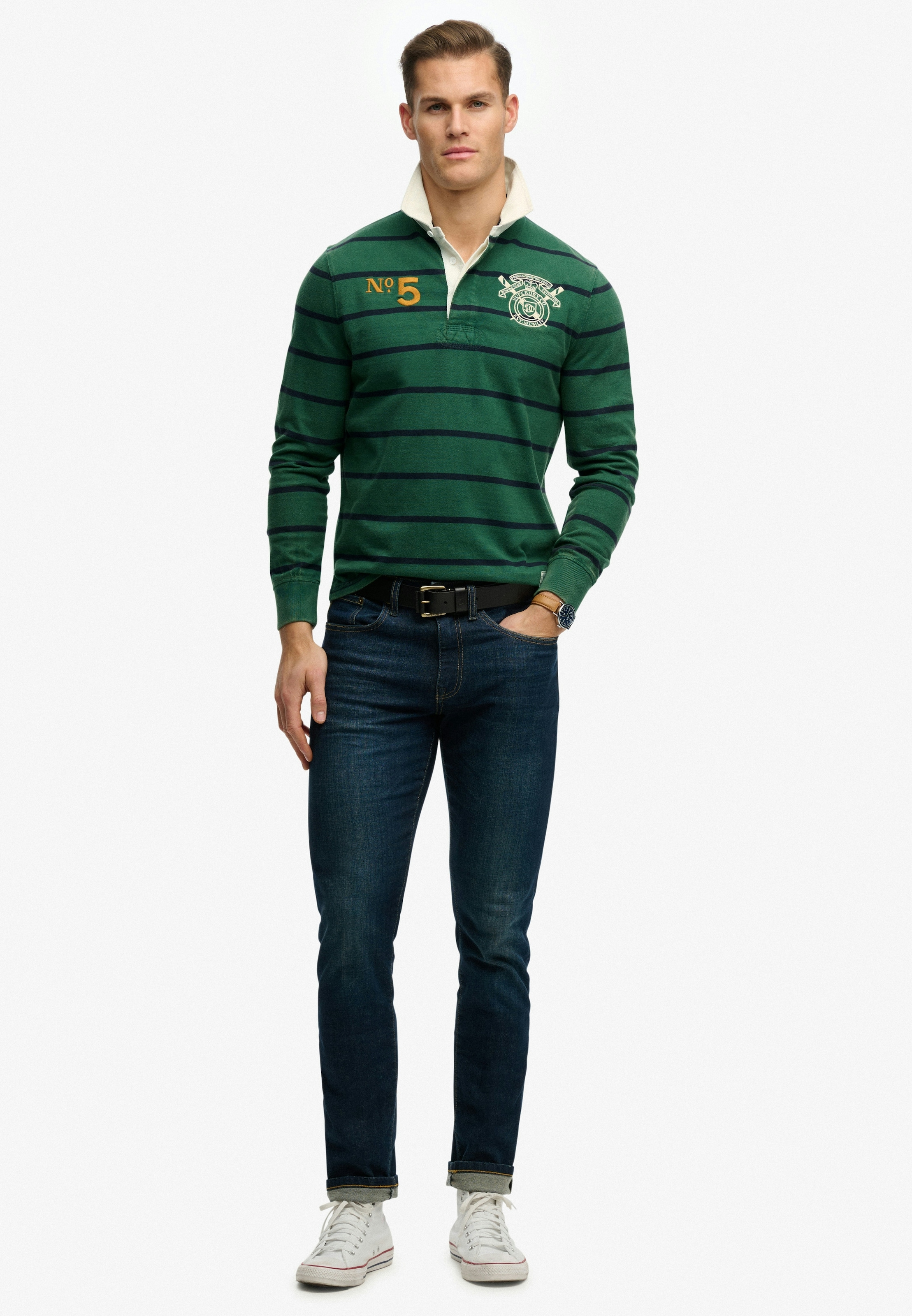 Superdry T-shirt à manches longues »DOUBLE EMBLEM STRIPE RUGBY« en coton et jersey simple, coupe décontractée, aspect rayé