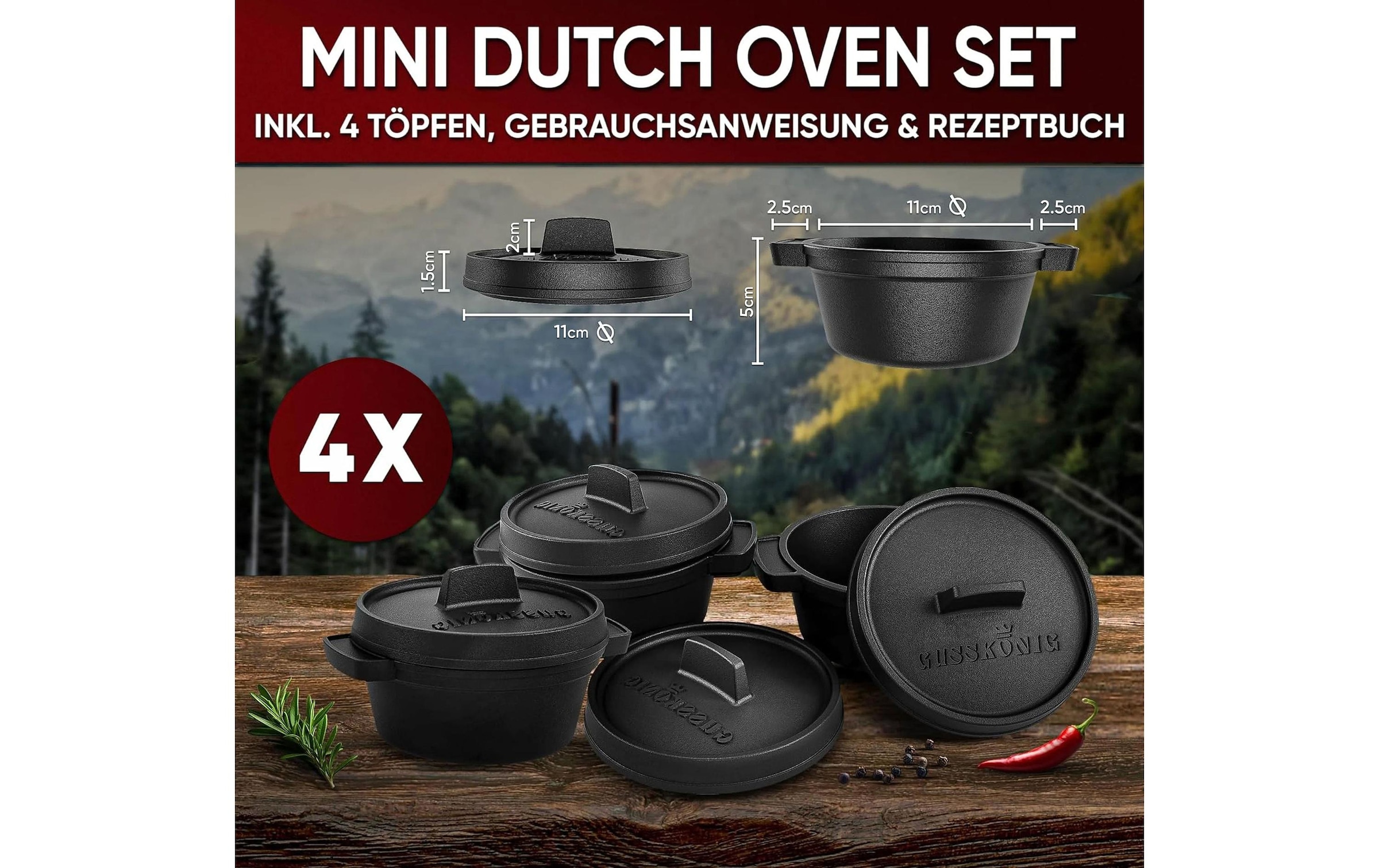   Grilltopf »Gusskoenig Mini Dutch Set 4 Töpfe« Gusseisen 8 Stk. tlg. Set 4 Töpfe mit Holz-Untersetzern und Rezeptbuch