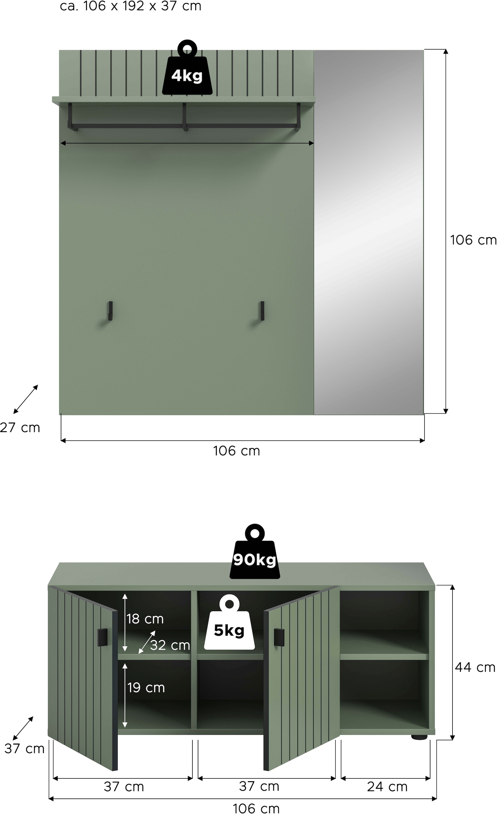 Home affaire Garderoben-Set »TATIO, 2-tlg. Garderobenkombination, Breite: 106 cm, Rillenfräsung« Set, Set, best. aus: 1Garderobenpaneel, 1 Garderobensitzbank, 2 Stk. tlg.