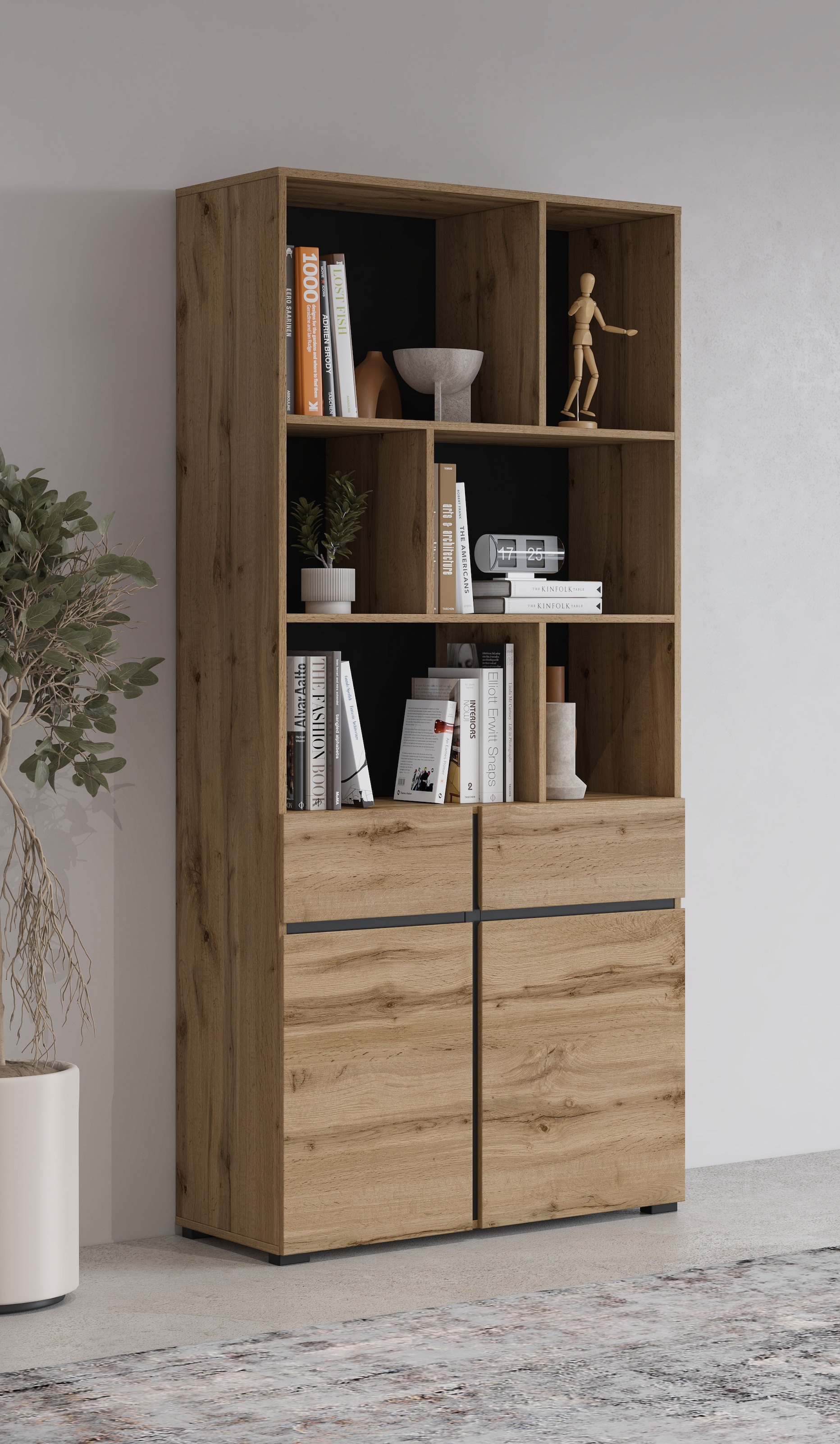 GOODproduct Armoire de classement »Cross, Breite 85 cm, modernem grifflose Standregal, Bücherregal« Étagère avec 6 compartiments ouverts, 2 tiroirs et 2 portes, étagère de bureau