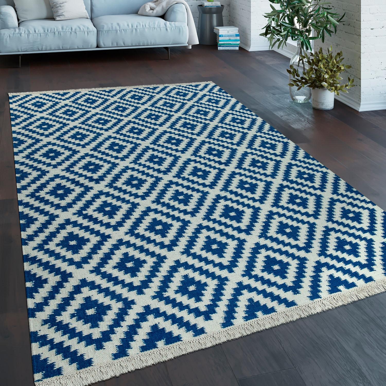 Paco Home Tapis en laine »Kenitra 500« Rectangulaire 12 mm Höhe Flachgewebe, reine Wolle, handgewebt, Rauten Design, mit Fransen
