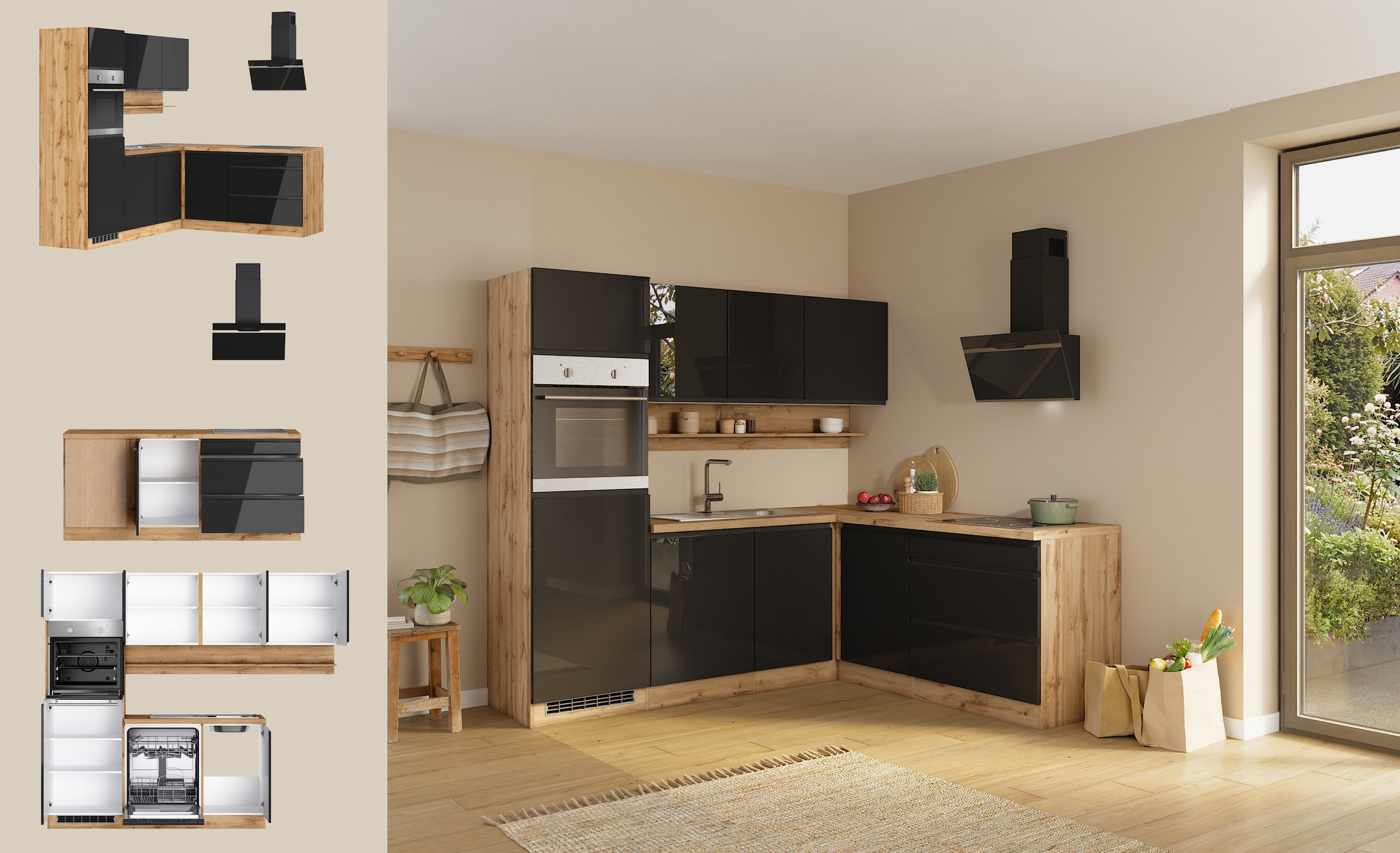 KOCHSTATION Cuisine d'angle »KS-Virginia,neu in verbesserter Ausführung« plan de travail épaisseur 38 mm, rangement, fermeture douce,  largeur réglable 230/190 cm, fermeture douce, avec appareils électriques en option