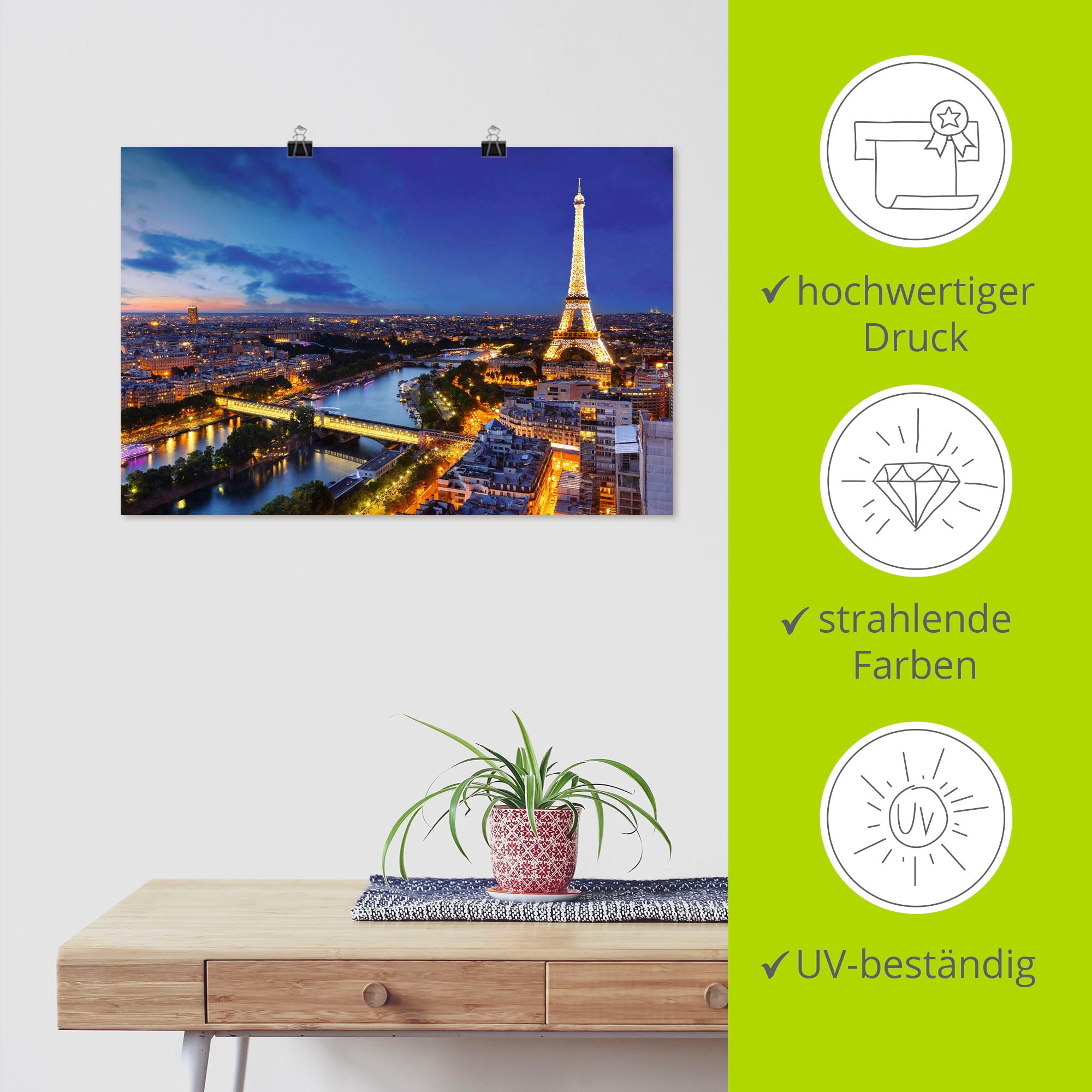 Artland Wandbild »Eiffelturm und Seine am Abend, Paris« Paris 1 Stk. tlg. als Alubild, Outdoorbild, Leinwandbild, Poster, Wandaufkleber