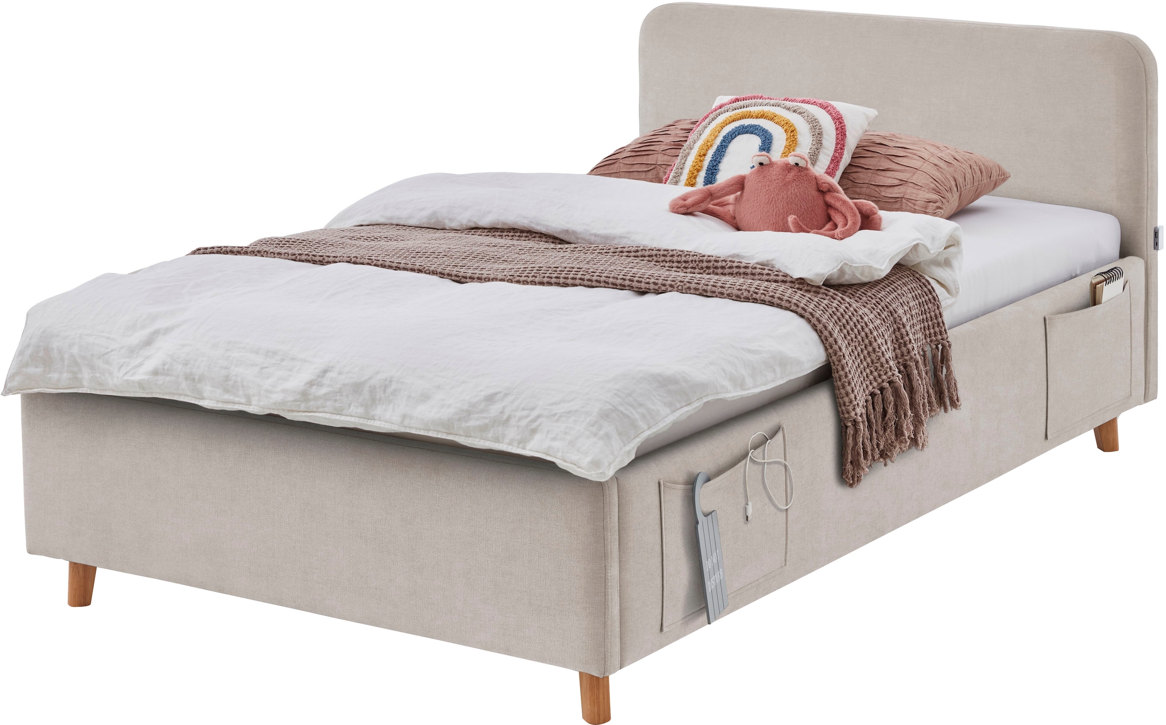 meise.möbel Kinderbett »COSY in de Breiten 90, 120 & 140 erhältlich, wahlweise mit Bettkasten« wahlweise mit Holzfuss in schwarz oder eiche, inkl. USB-Anschluss