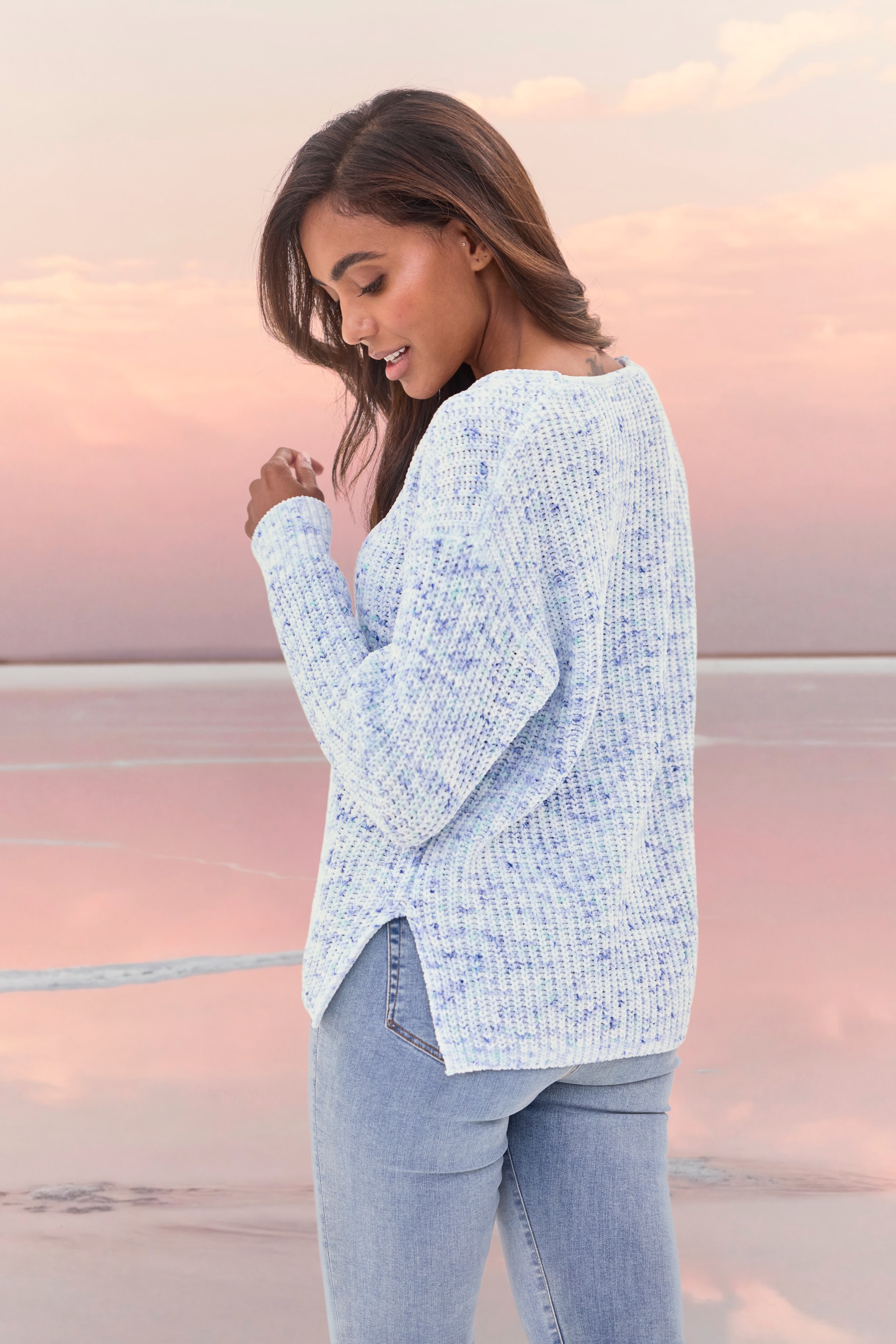 Buffalo V-Ausschnitt-Pullover aus weichem Chenille, Strickpullover, kuschelig weich, Pastell