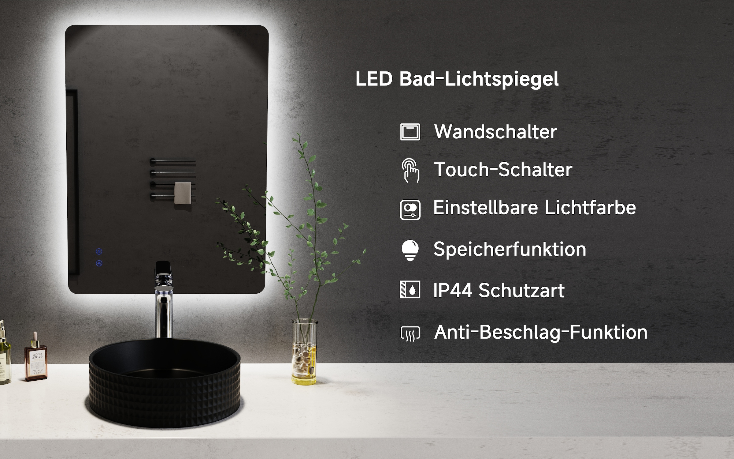 welltime Miroir lumineux LED »Toledo eckig, Spiegel mit LED Beleuchtung, Badspiegel« mit Anti-Fog Beschichtung