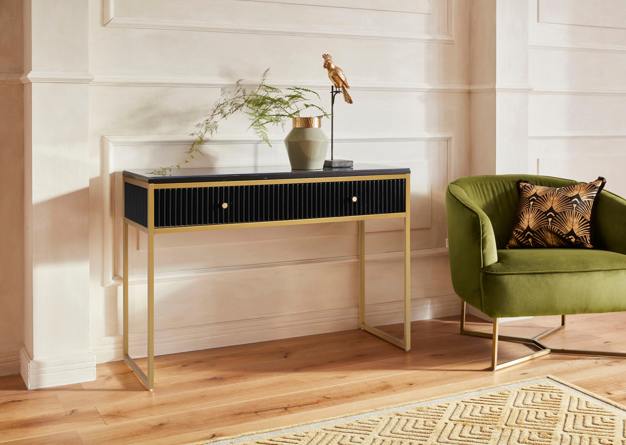 Leonique Konsolentisch »Fleuriss« Keramikplatte, goldene Beine, FSC-zertifiziertes Holz, Breite 110 cm