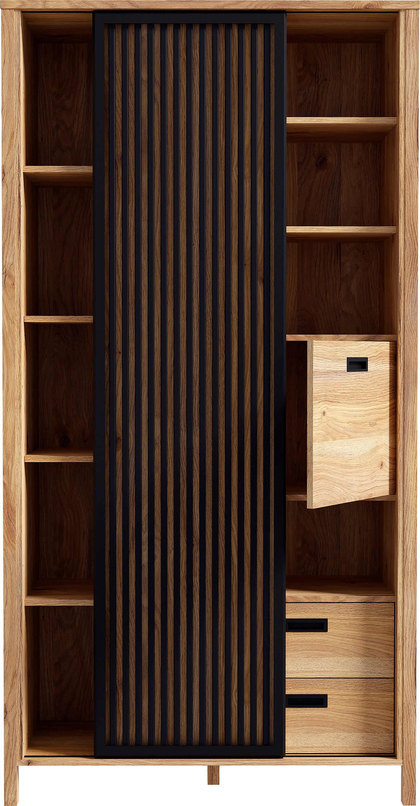 FORTE Highboard »Jytana« Höhe 200,3 cm, Schiebetüre mit Lamellenoptik, Mauvella Eiche / Schwarz