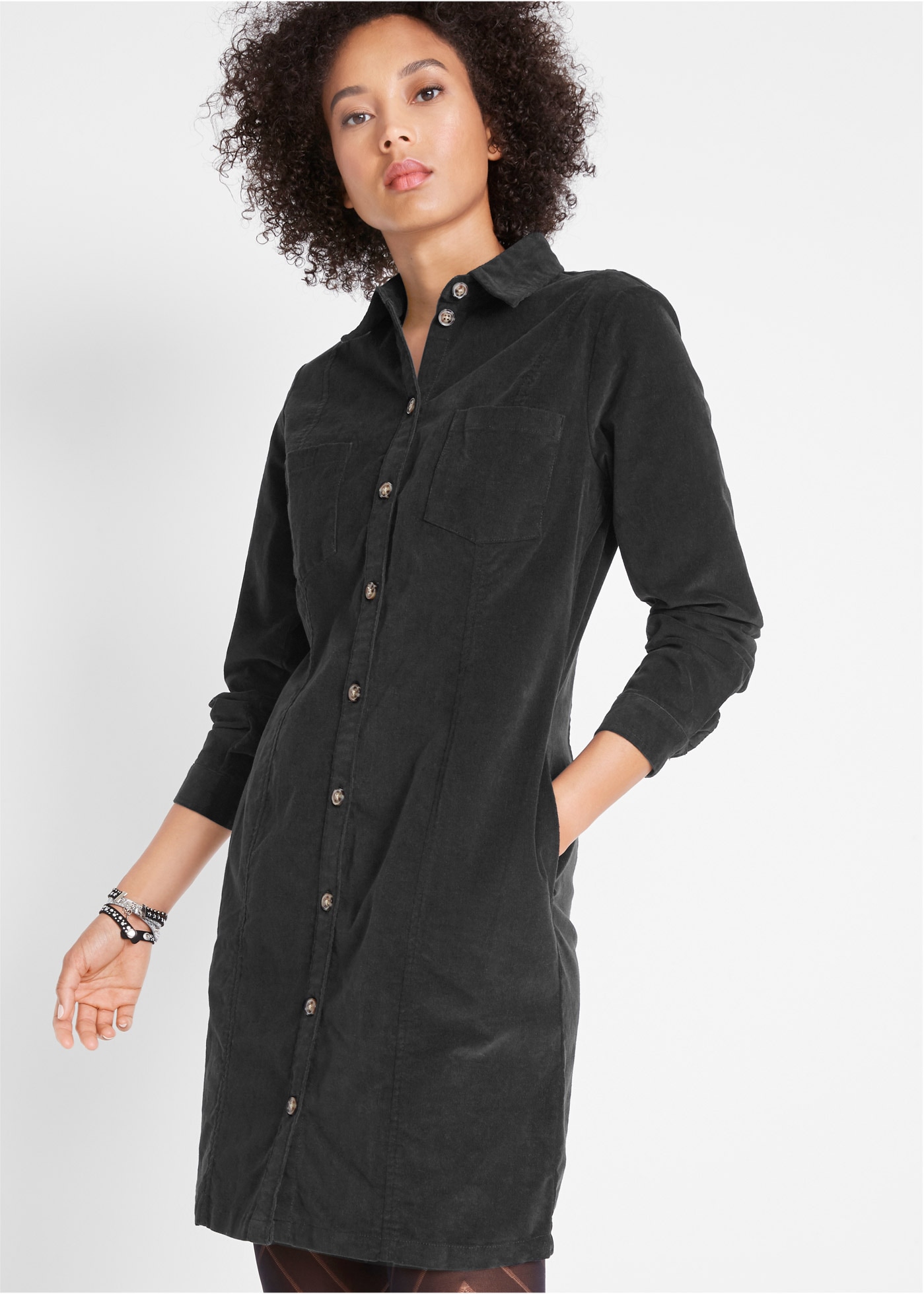 bonprix Hemdblusenkleid Brusttaschen für Alltag, aus Baumwolle und Elasthan, mit Knopfleiste