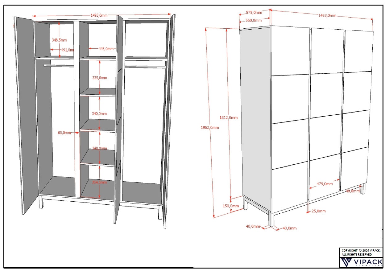 Vipack Set de chambre d'adolescent »Set best. aus Einzelbett 90/200, Nachtkonsole, Kleiderschrank 3-trg.« 3 cuis tlg. au design épuré, surface laquée facile d'entretien en blanc