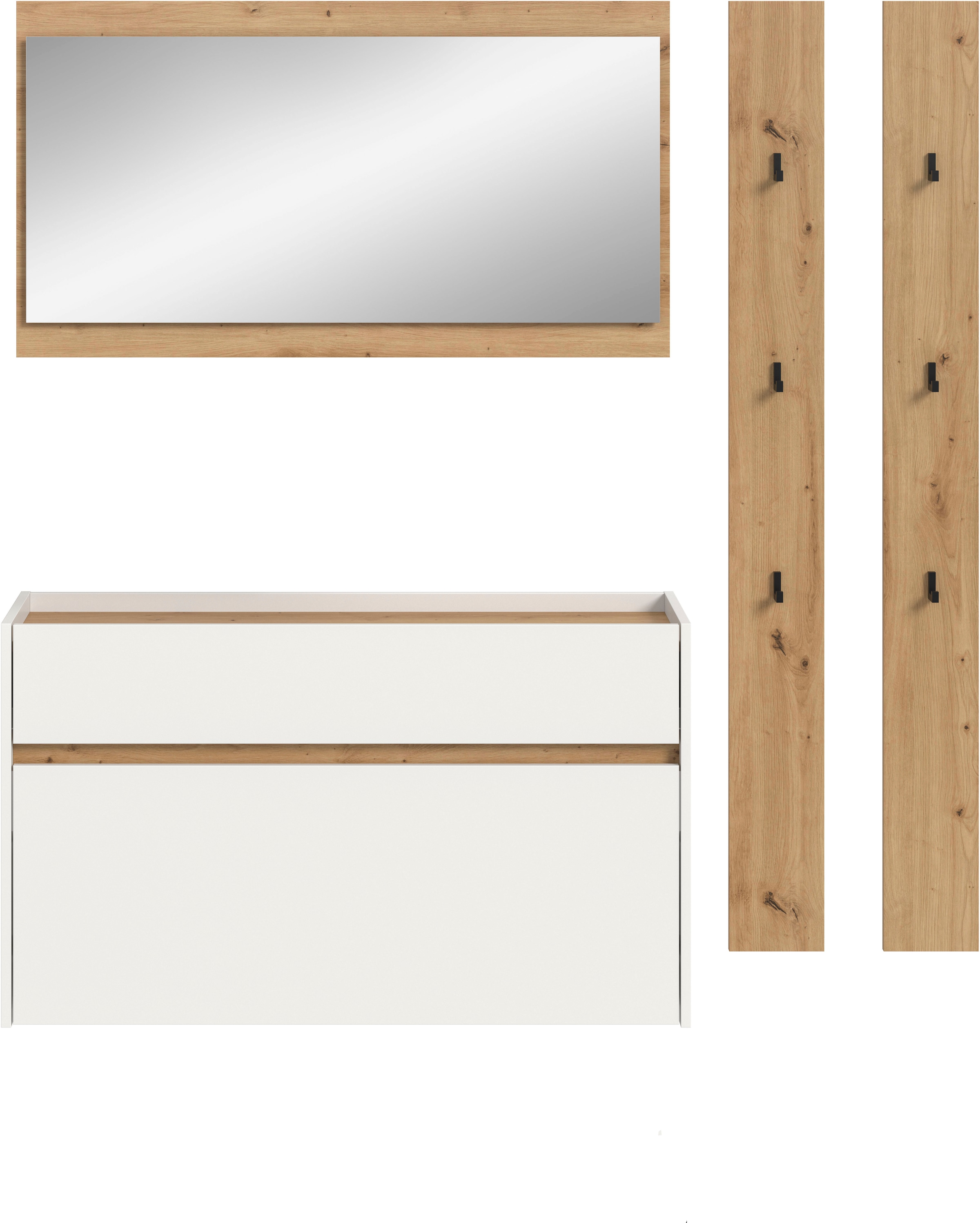Home affaire Garderoben-Set »EVRID, 4-teilig, Breite 172 cm, individuell hängbar & erweiterbar« best. aus: Kommode, Spiegel & 2x Hakenleiste, 4 Stk. tlg.