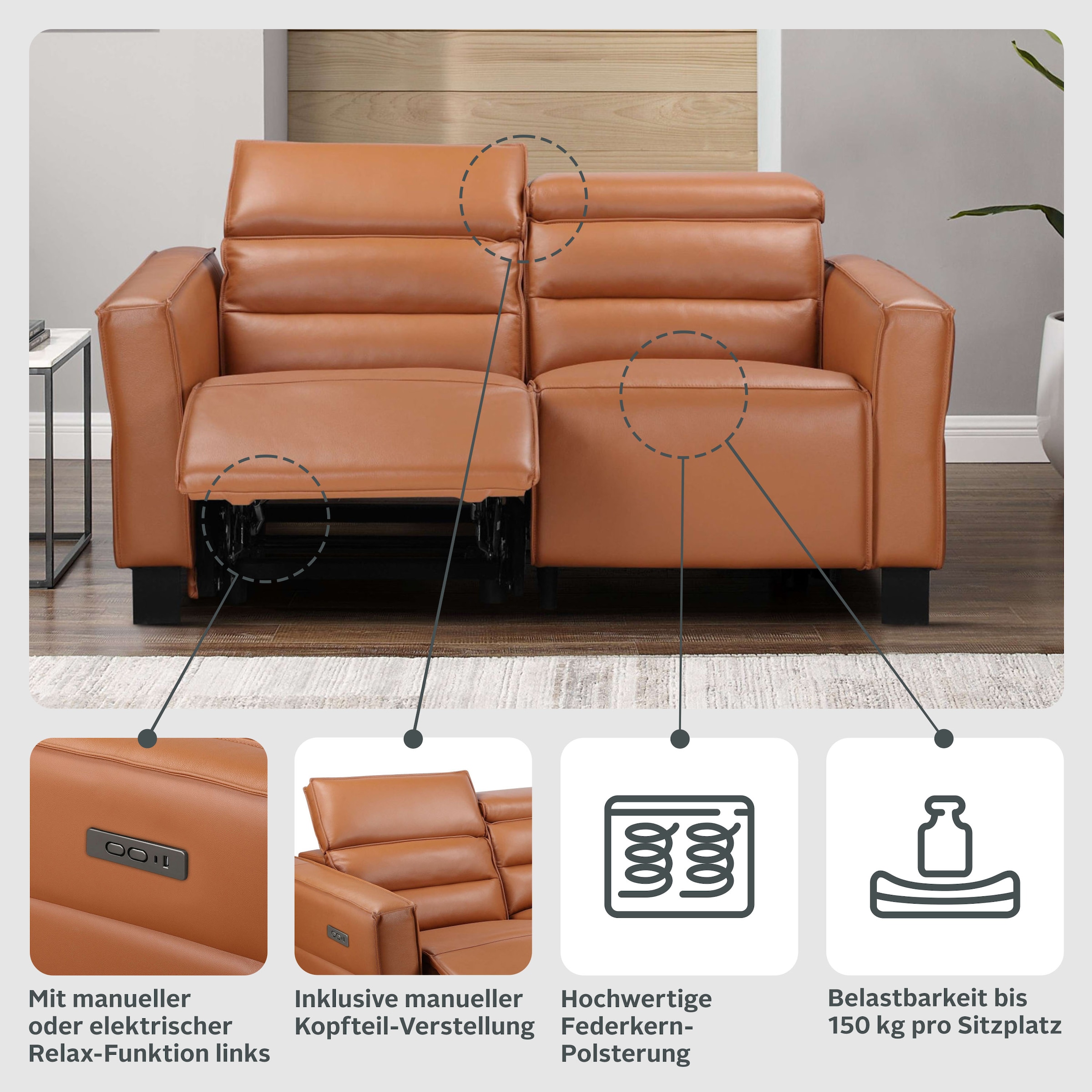 Home affaire 2-Sitzer »Carpari, 162 cm, mit manueller od. elektrischer Relaxfunktion« (USB A/C), sowie Kopfteilverstellung