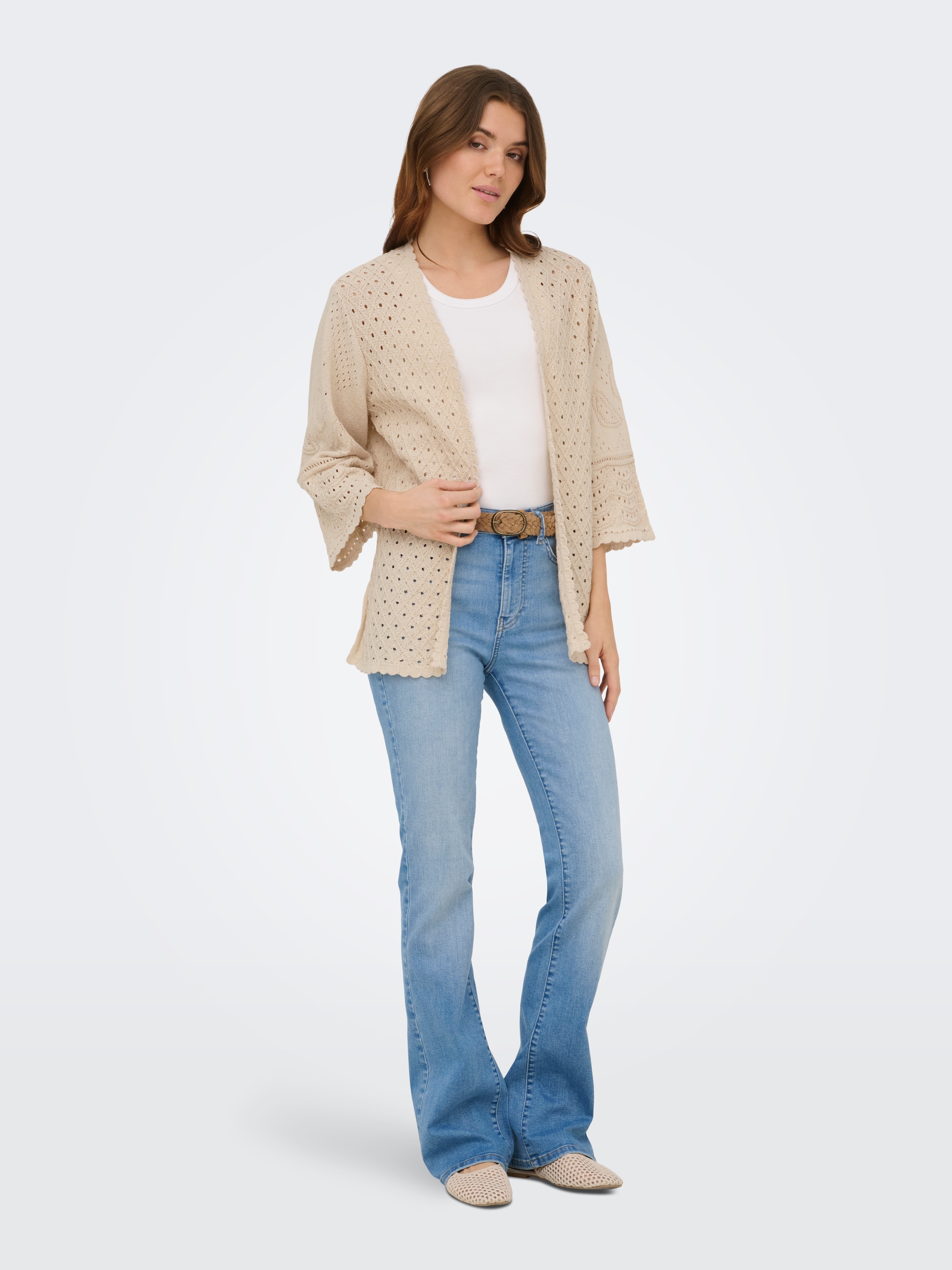 ONLY Veste en tricot »ONLLUZA 3/4 V-NECK LONG KIMONO KNT« Mélange de coton, coupe régulière, col en V