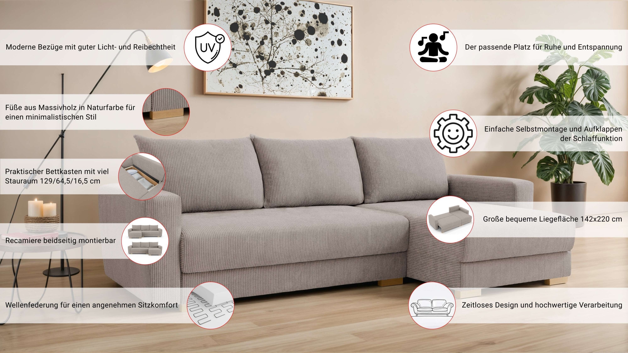 INOSIGN Canapé d'angle »MAGHERA universell Schlafsofa mit Bettkasten, Masse B/T/H: 255/142/84cm« L-Form mit Recamiere rechts oder links montierbar, hoher Sitzkomfort