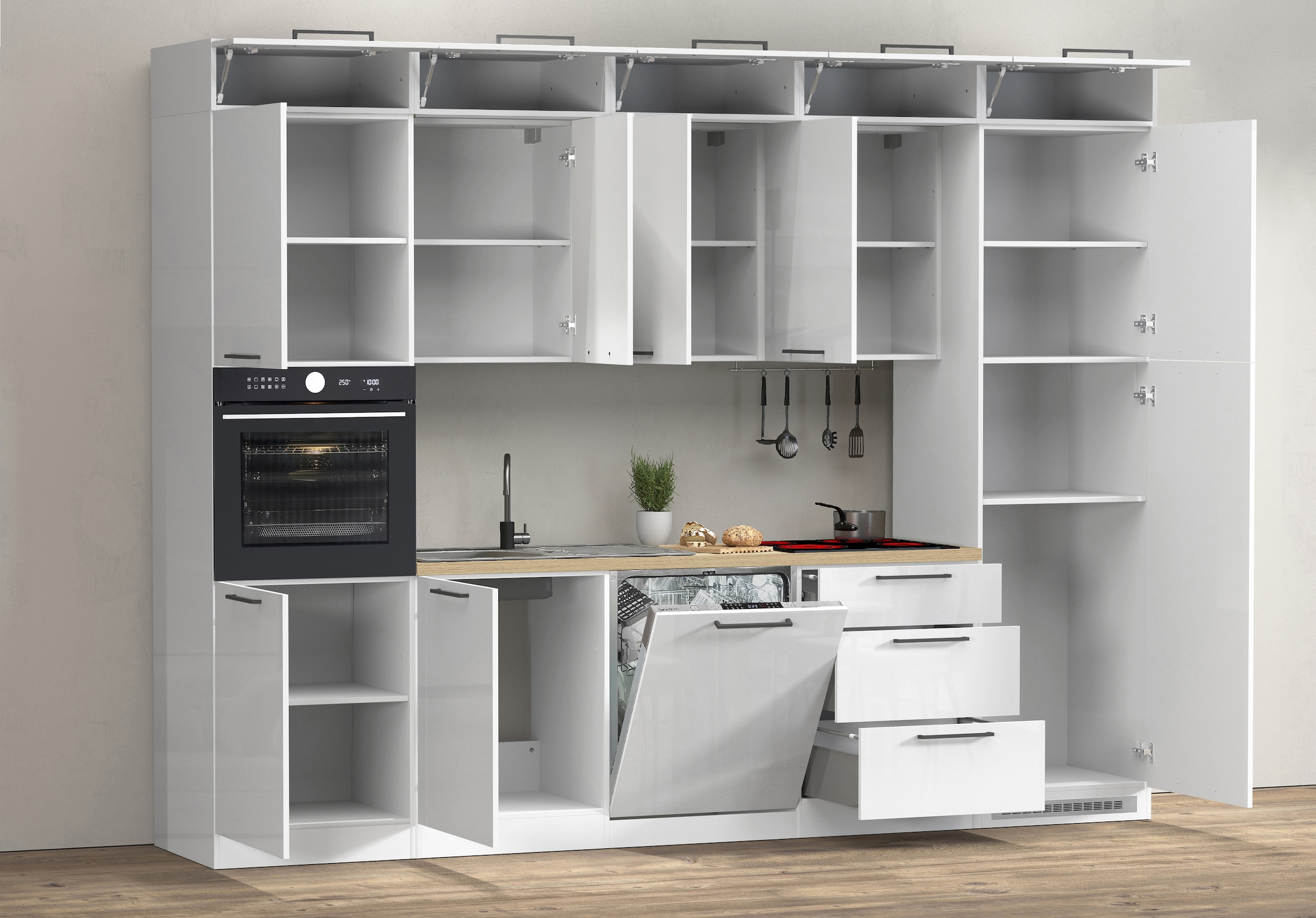 KOCHSTATION Kitchenette »Luna, Einbauküche, Zeilenküche, mit Soft-Close Funktion, Made in Italy« Breite 300 cm ohne E-Geräte, mit Spüle+Siphon und Aufsatz