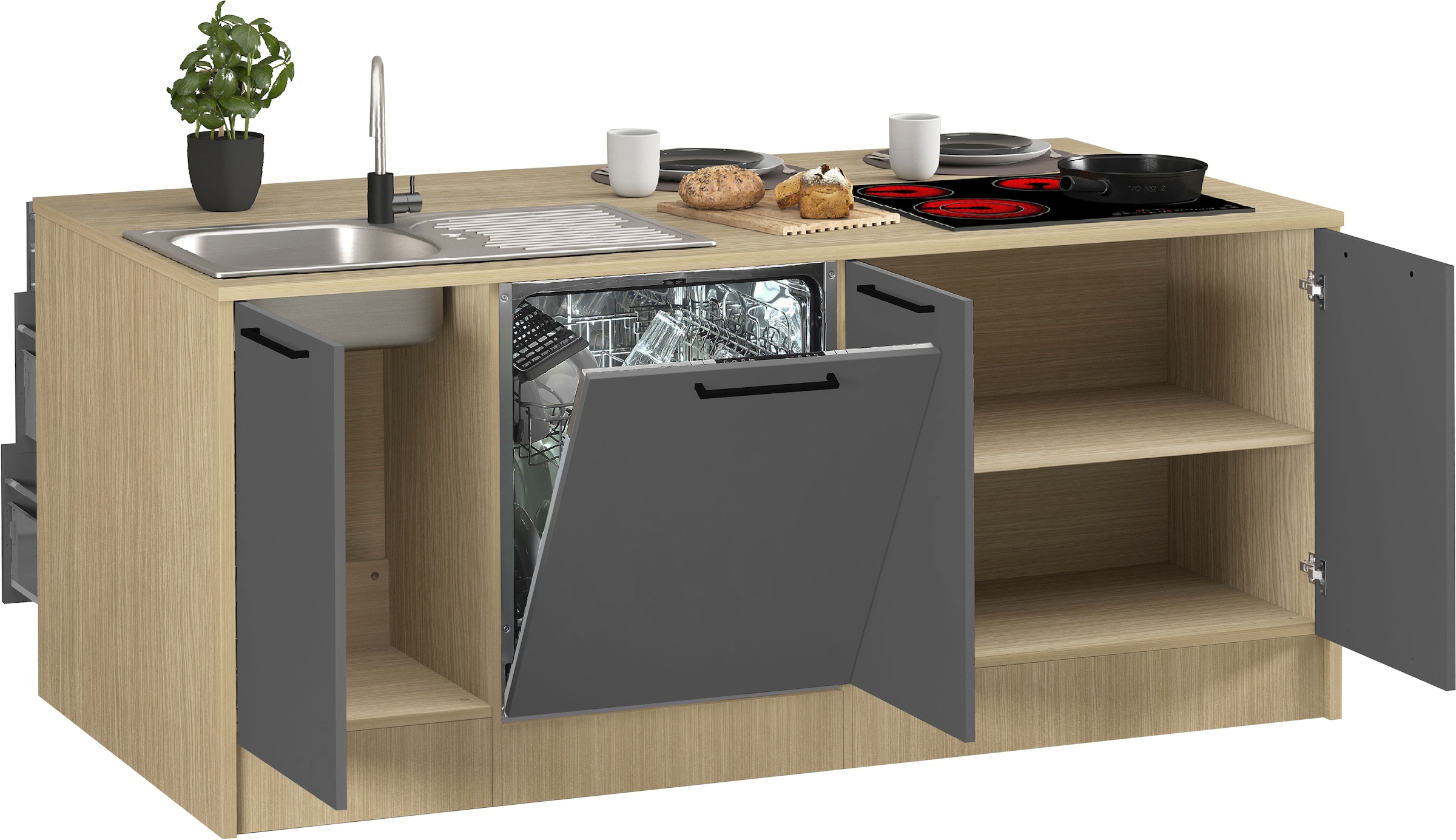KOCHSTATION Kitchenette »Luna, Küchenblock, Kücheninsel, Hängeschrank, Made in Italy« 3er-Set, Metallgriffe, Soft-Close-Funktion, inklusive Spüle