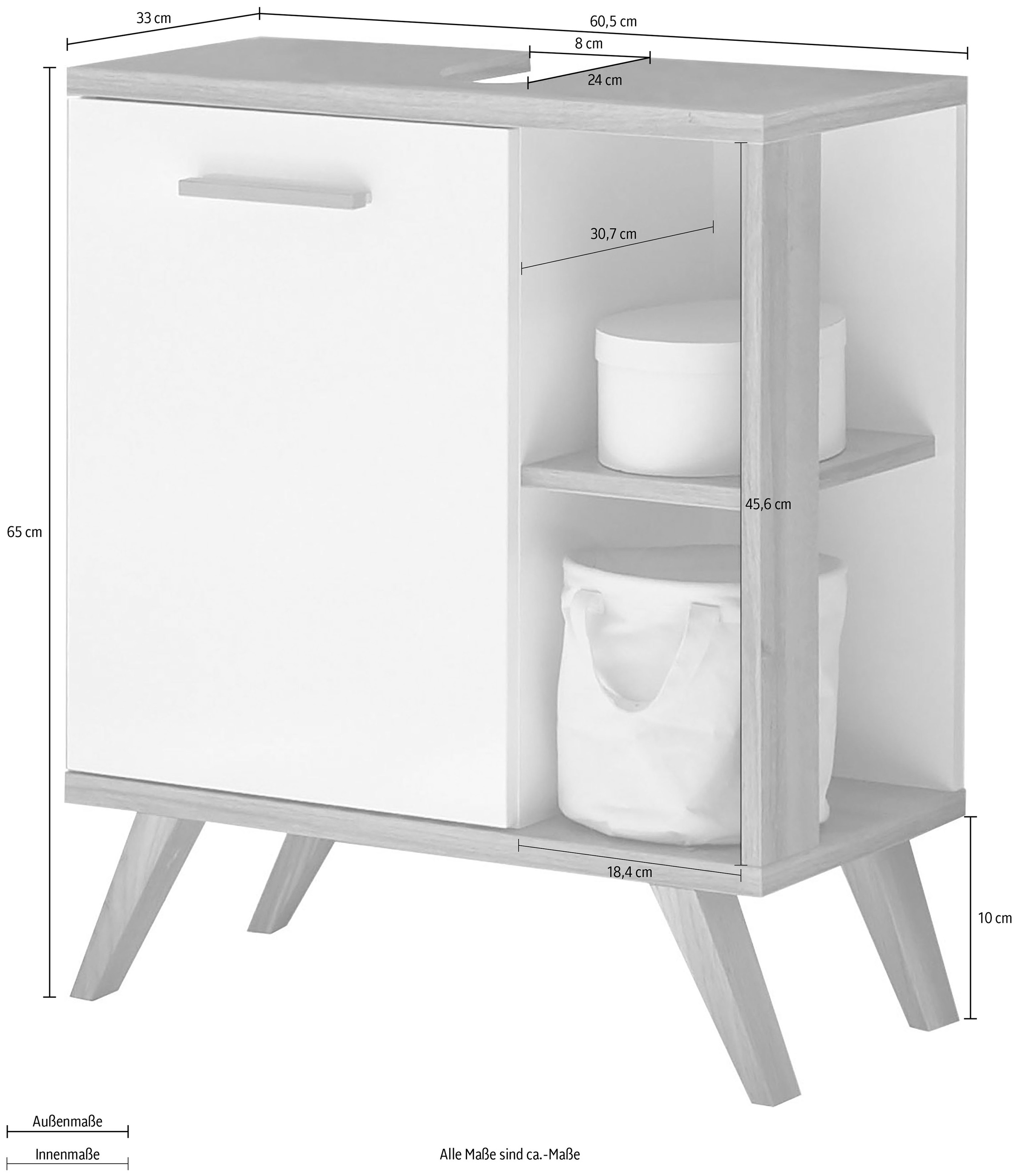 Saphir Armoire sous lavabo »Quickset Unterbeckenschrank mit 1 Tür, 60,5 cm breit, ohne Waschbecken« meuble sous lavabo avec amortisseurs de porte, étagères latérales, poignées en bois