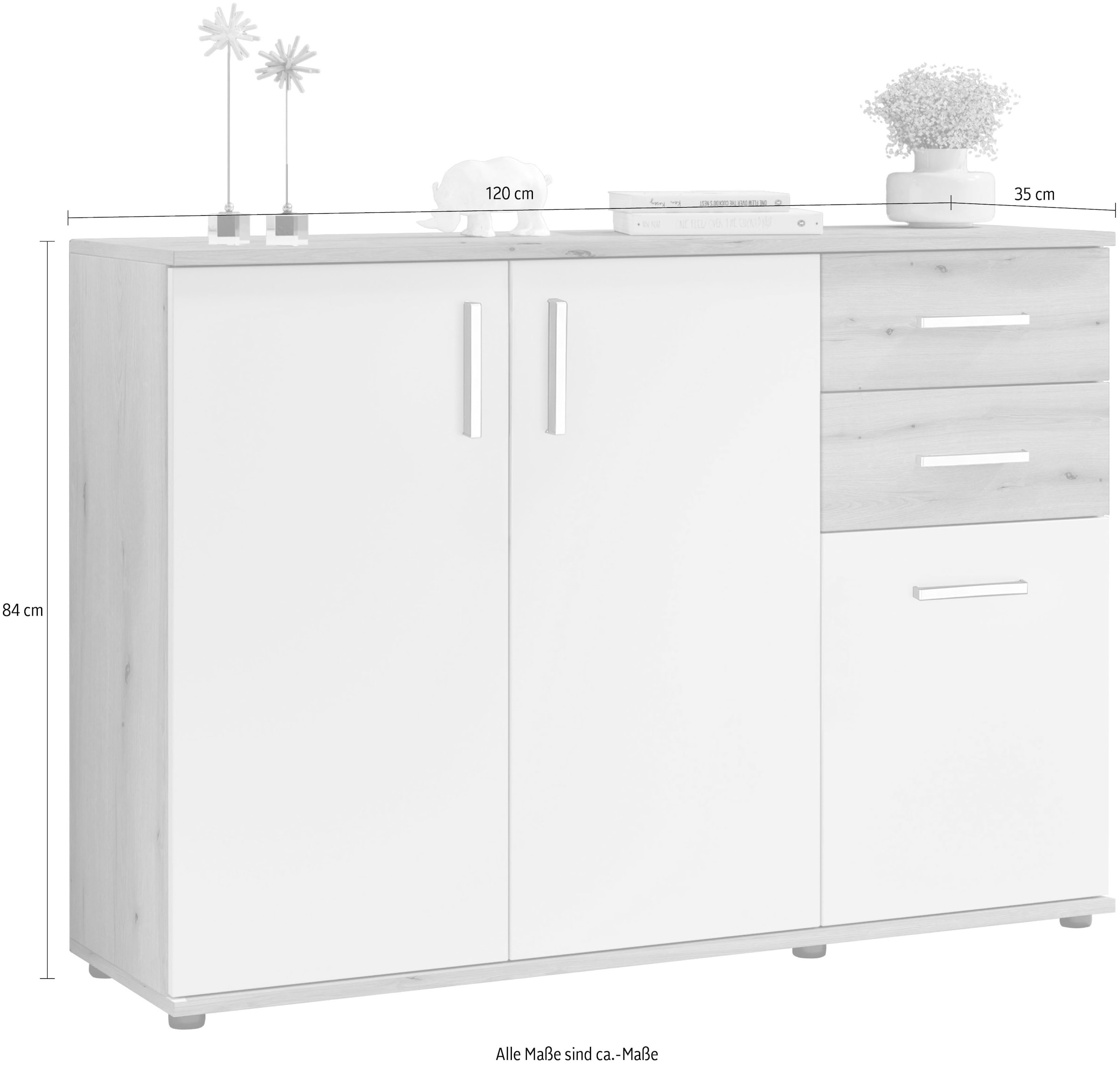 HBZ Kommode »BC-Drift-2, Sideboard Stellmass BxHxT 120x84x35 cm« 1 Stk. tlg. Kommode mit 3 Türen, 2 Schubkästen und 1 Einlegeboden